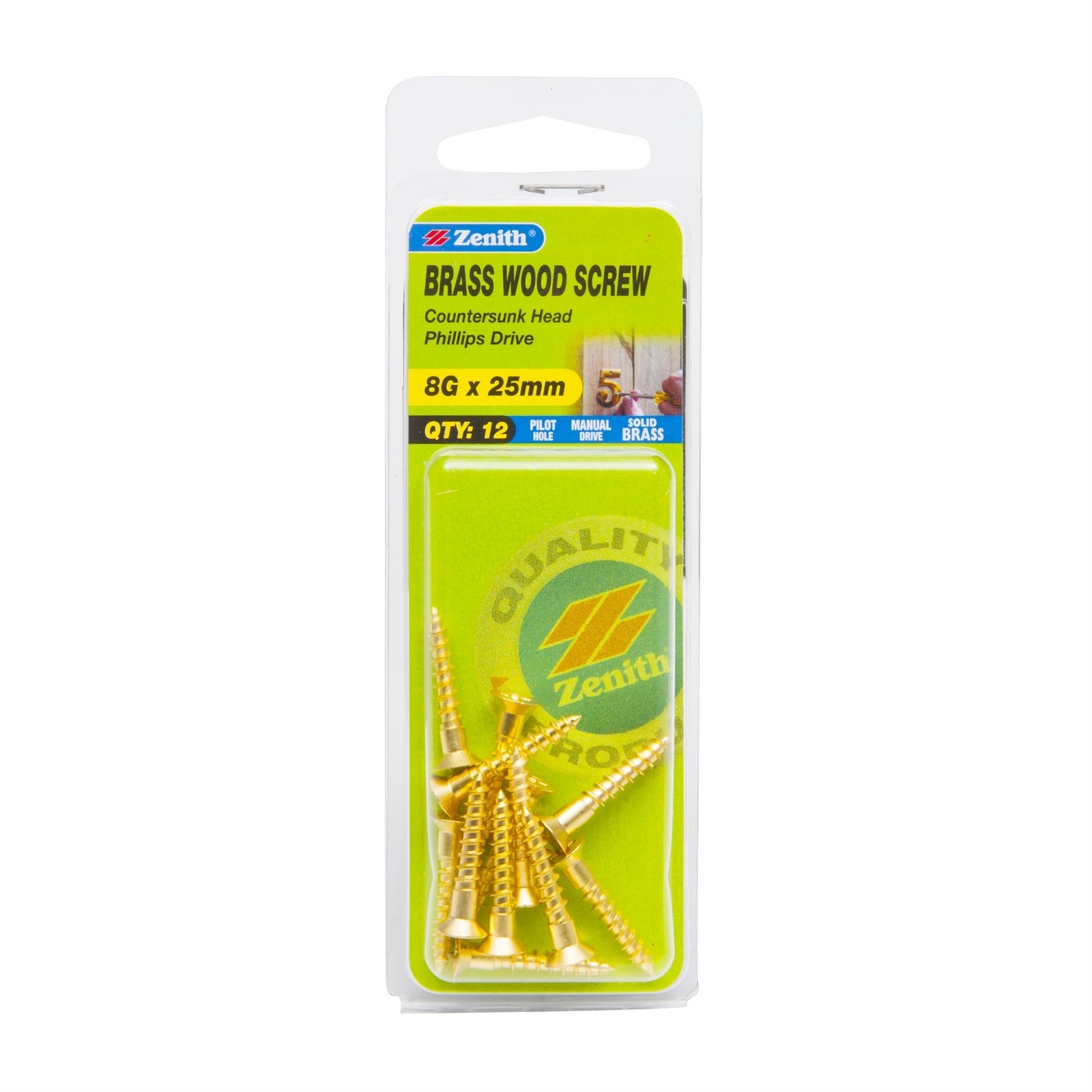 Zenith 8G x 25mm Solid Brass Countersunk Head Wood Screws - 12 pieces