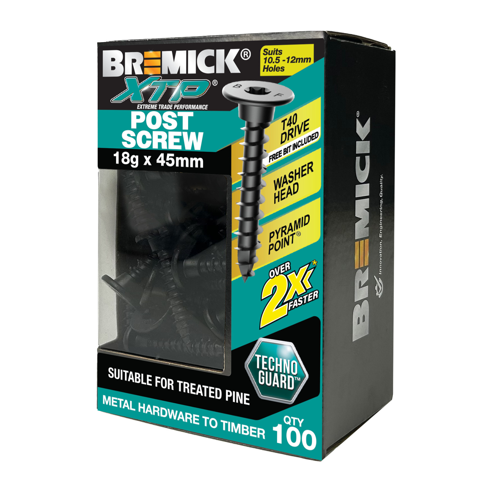 Bremick XTP Post Screw 18g x 45mm TECHNO GUARD BLACK T40 - 100 pieces