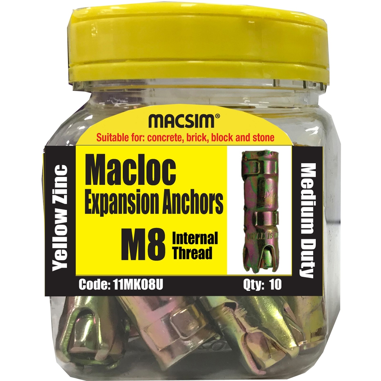Macsim M8 Yellow Zinc Medium Duty Macloc Anchor - 10 Jar
