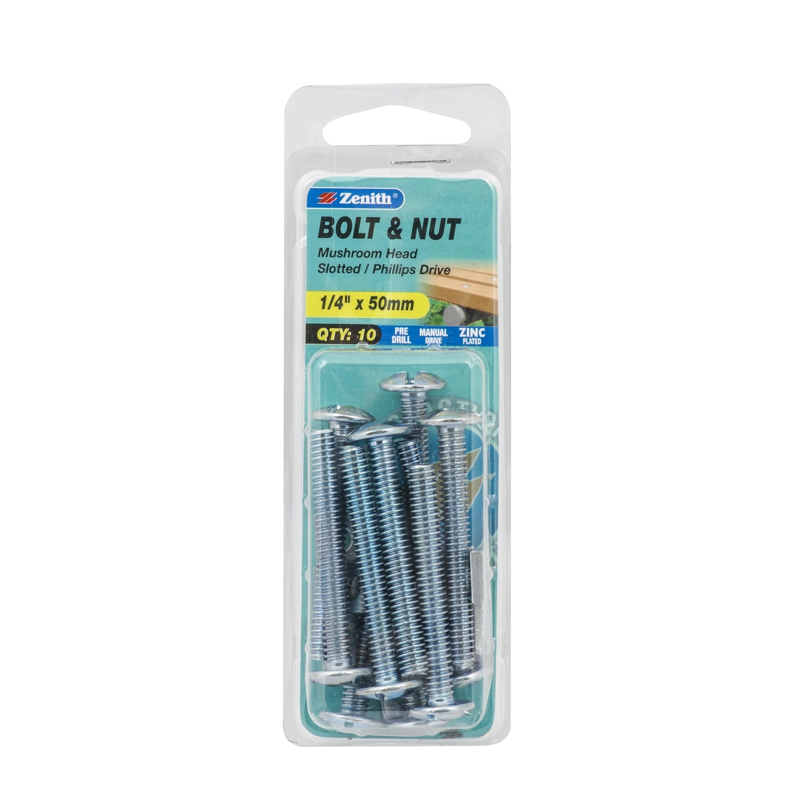 Zenith 1/4" x 50mm Zinc Plated Mushroom Head Bolt And Nut - 10 pieces