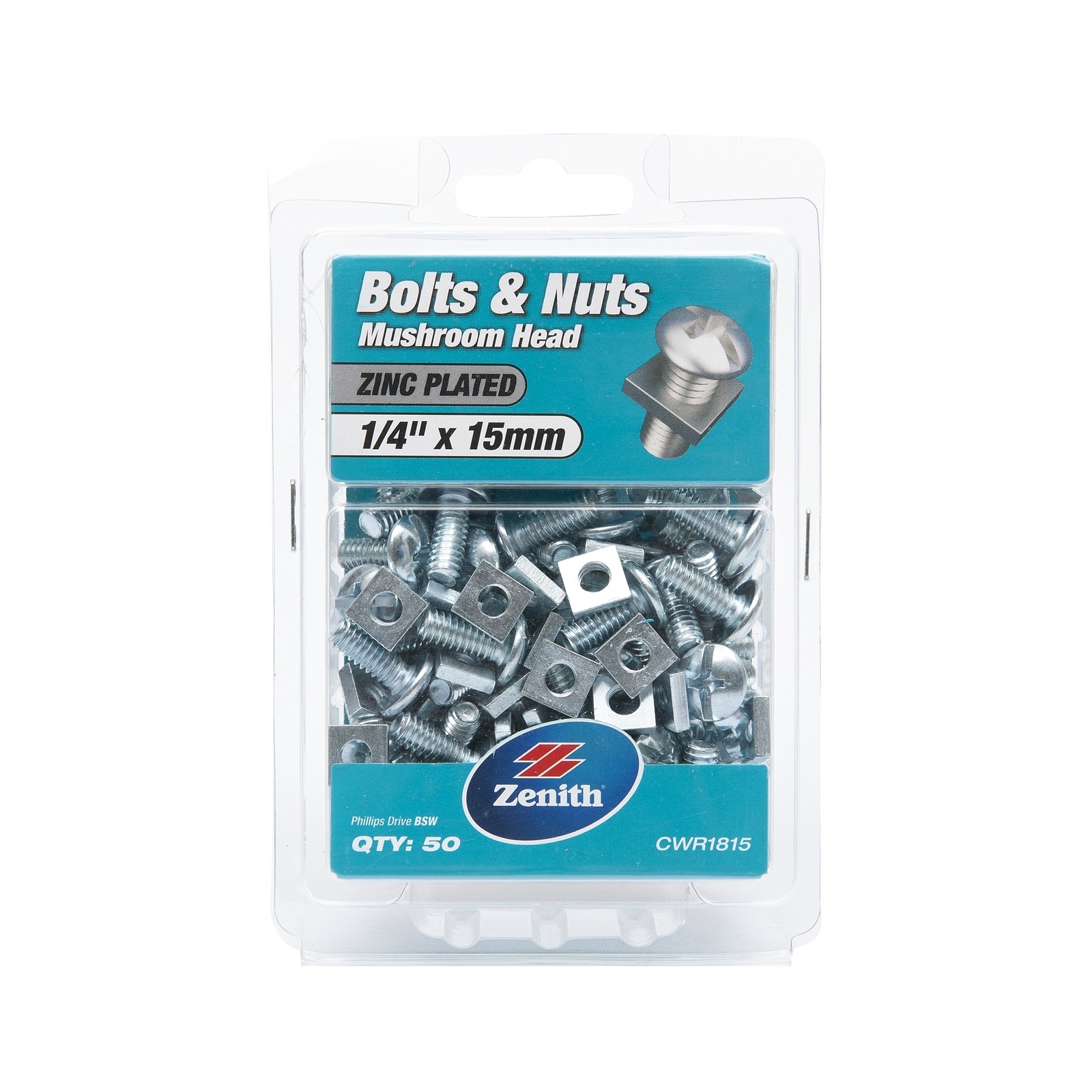 Zenith 1/4" x 15mm Zinc Plated Mushroom Head Bolts And Nuts - 50 pieces