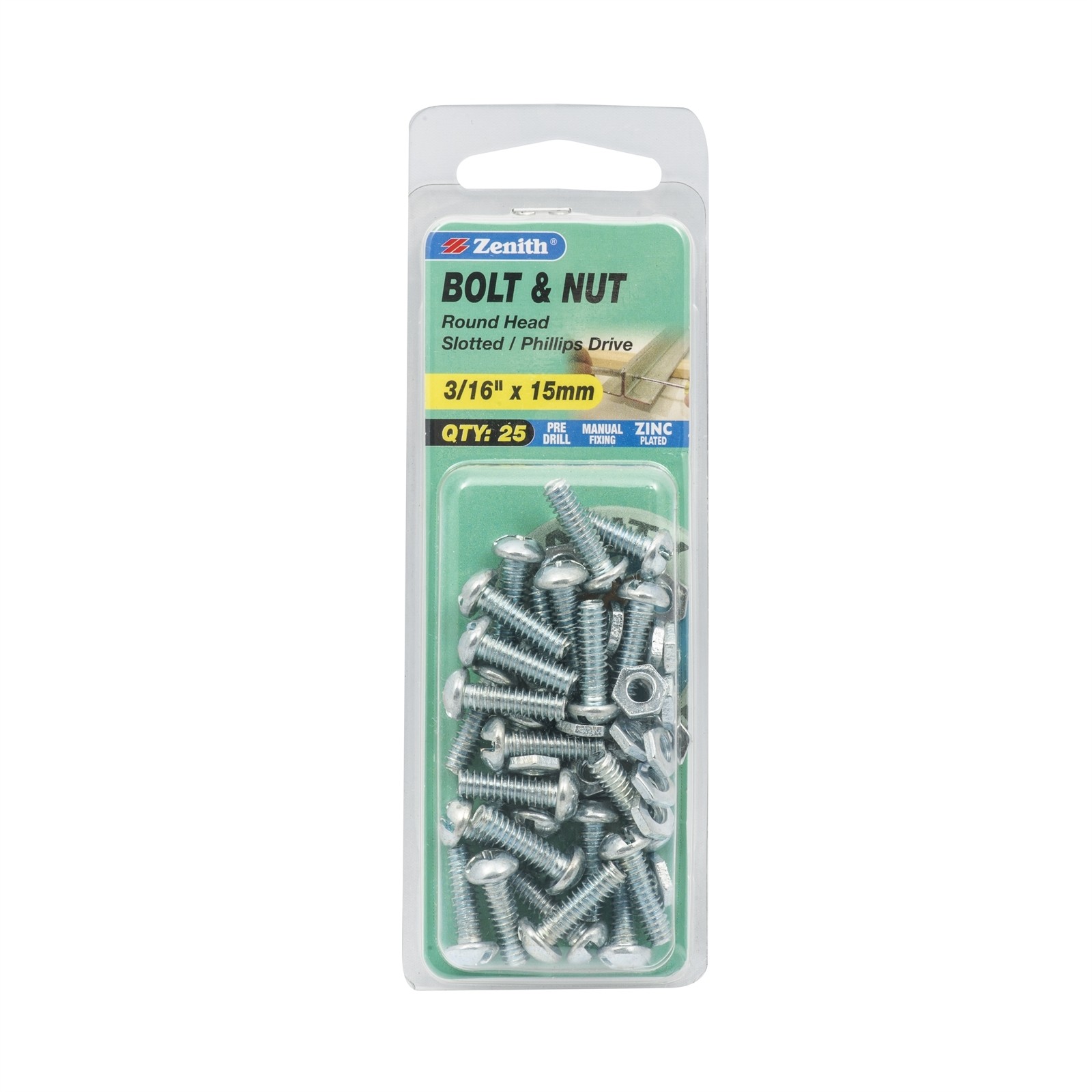 Zenith 3/16" x 15mm Zinc Plated Round Head Bolt And Nut - 25 pieces