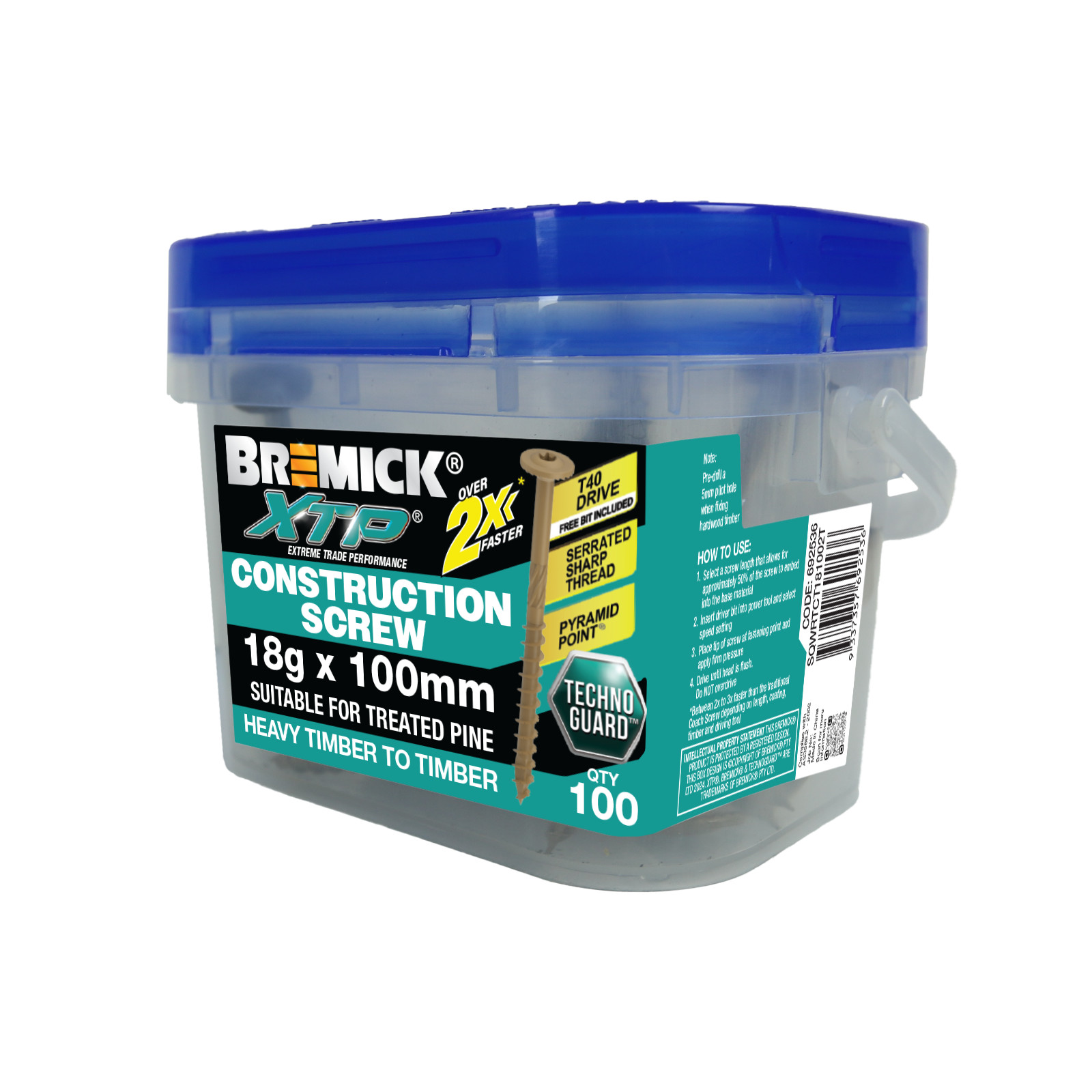 Bremick XTP Construction Screw 18g x 100mm TECHNOGUARD TAN T40 - 100 pieces