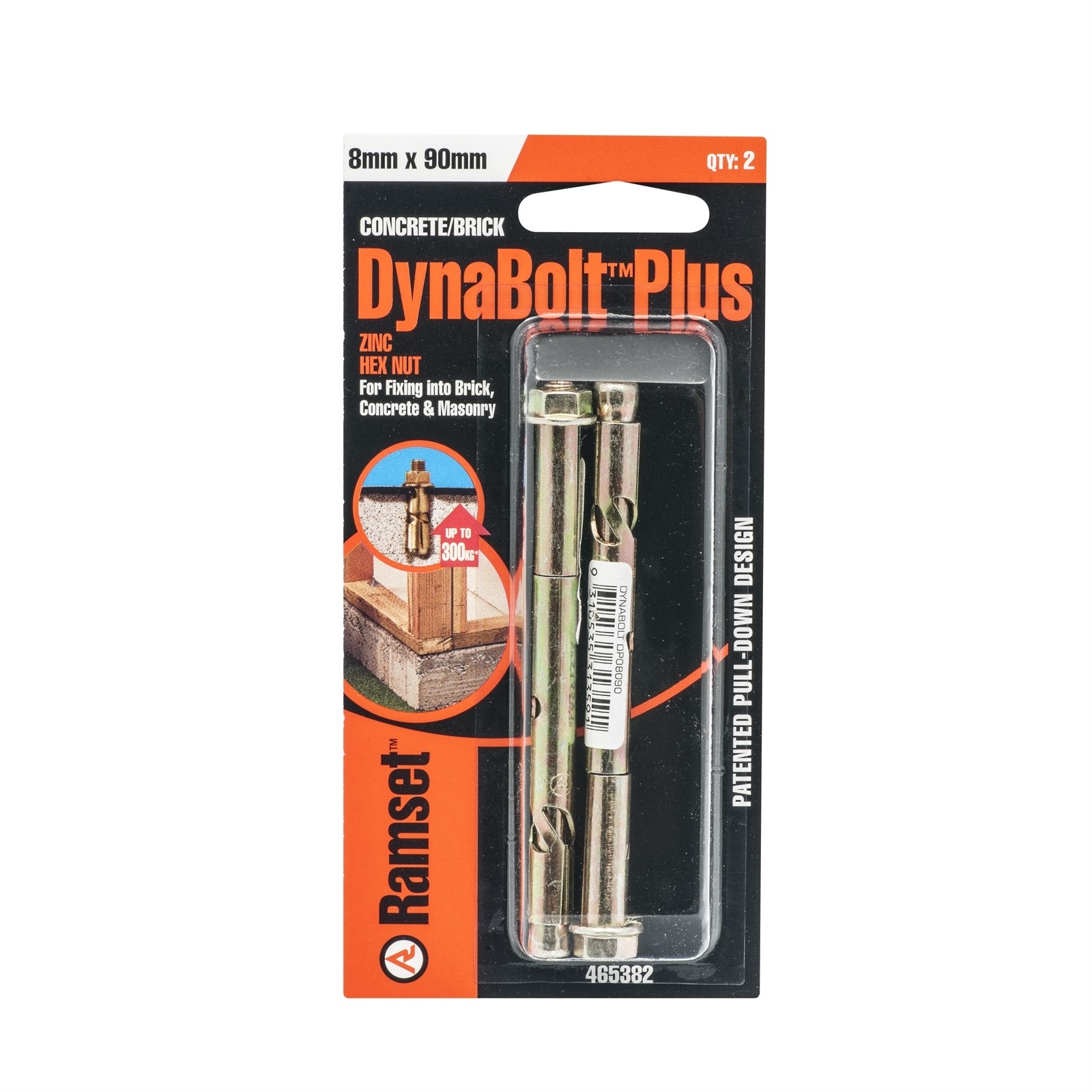 Ramset 8 x 90mm DynaBolt Plus Hex Nut Bolt - 2 pieces