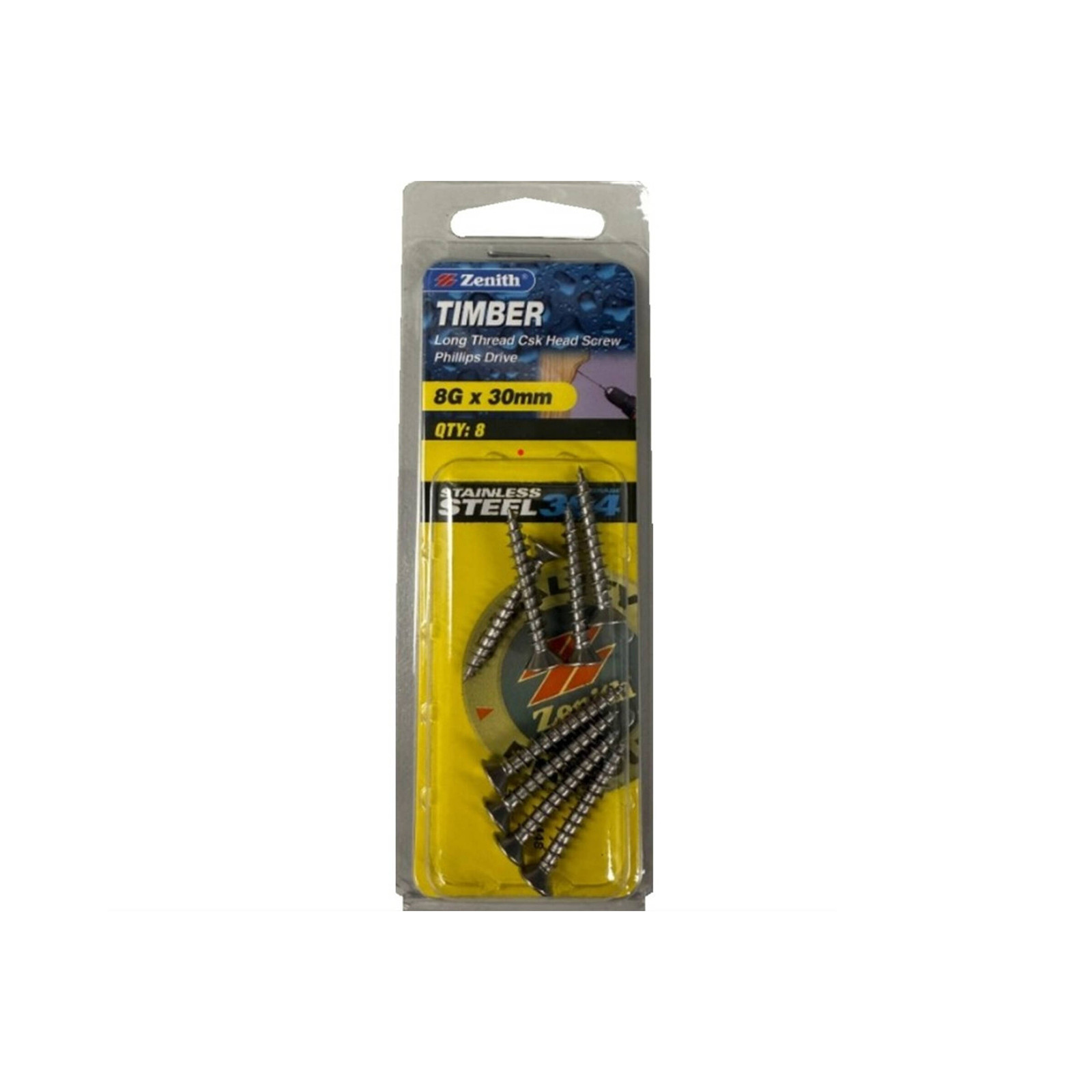 Zenith 8G x 30mm Stainless Steel Counter Sunk Long Thread Screws - 8 pieces