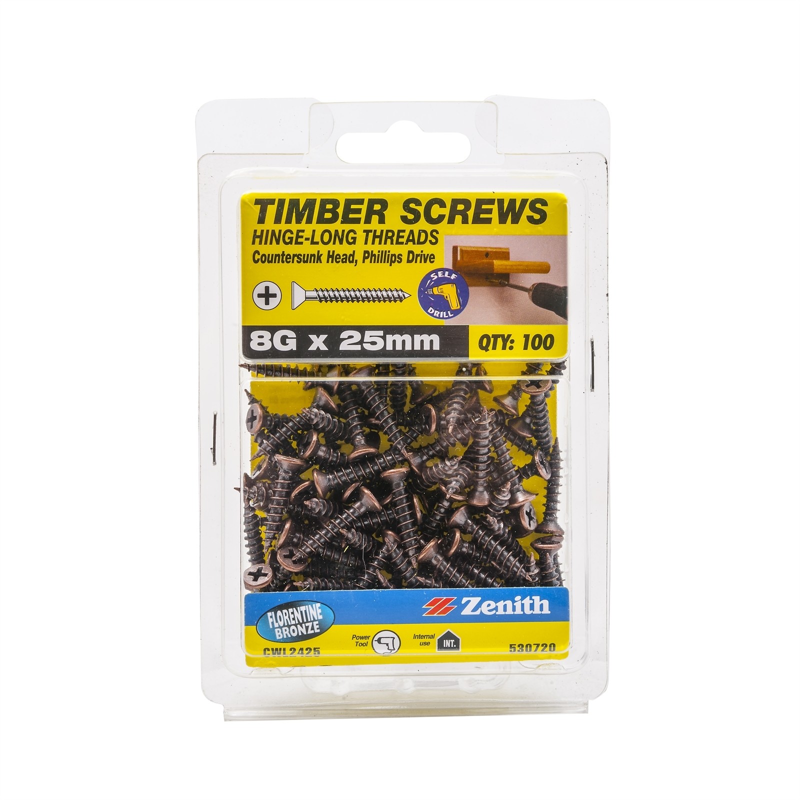 Zenith 8G x 25mm Florentine Bronze Hinge-Long Thread Timber Screws - 100 pieces