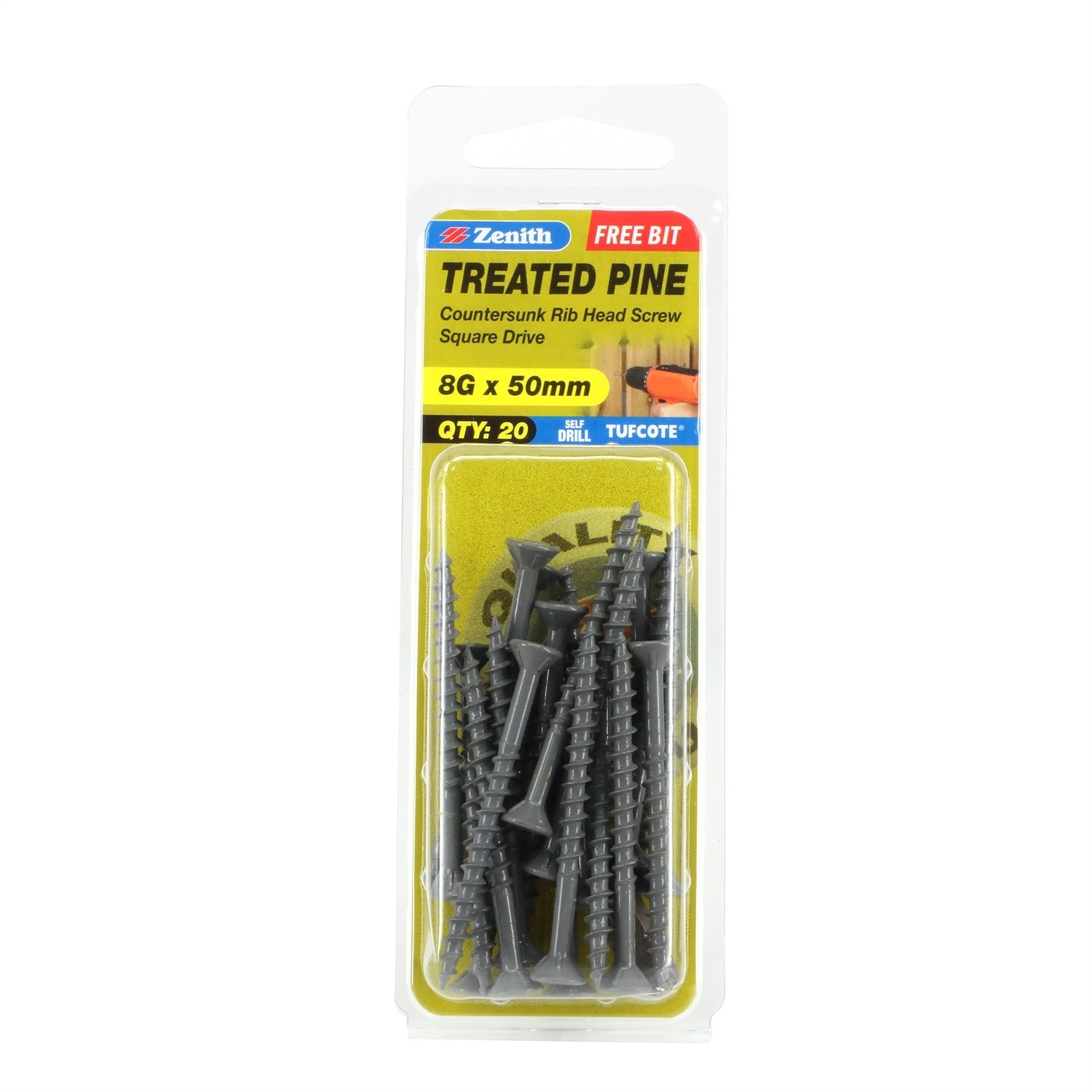 Zenith 8G x 50mm Tufcote® Countersunk Rib Head Treated Pine Screws 2 pcs
