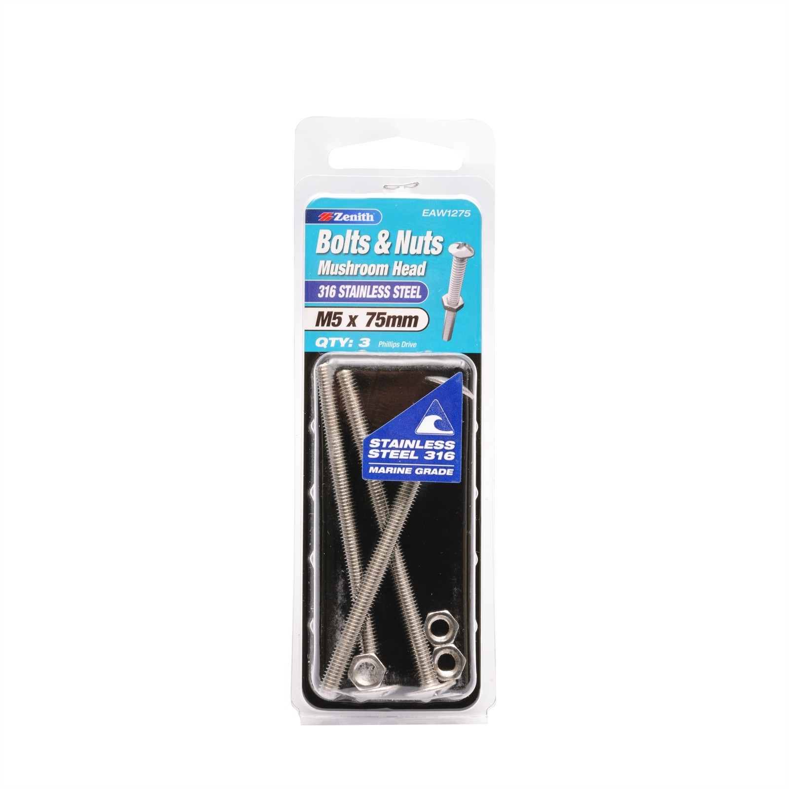 Zenith M5 x 75mm 316 Stainless Steel Mushroom Head Bolt And Nut - 3 pieces