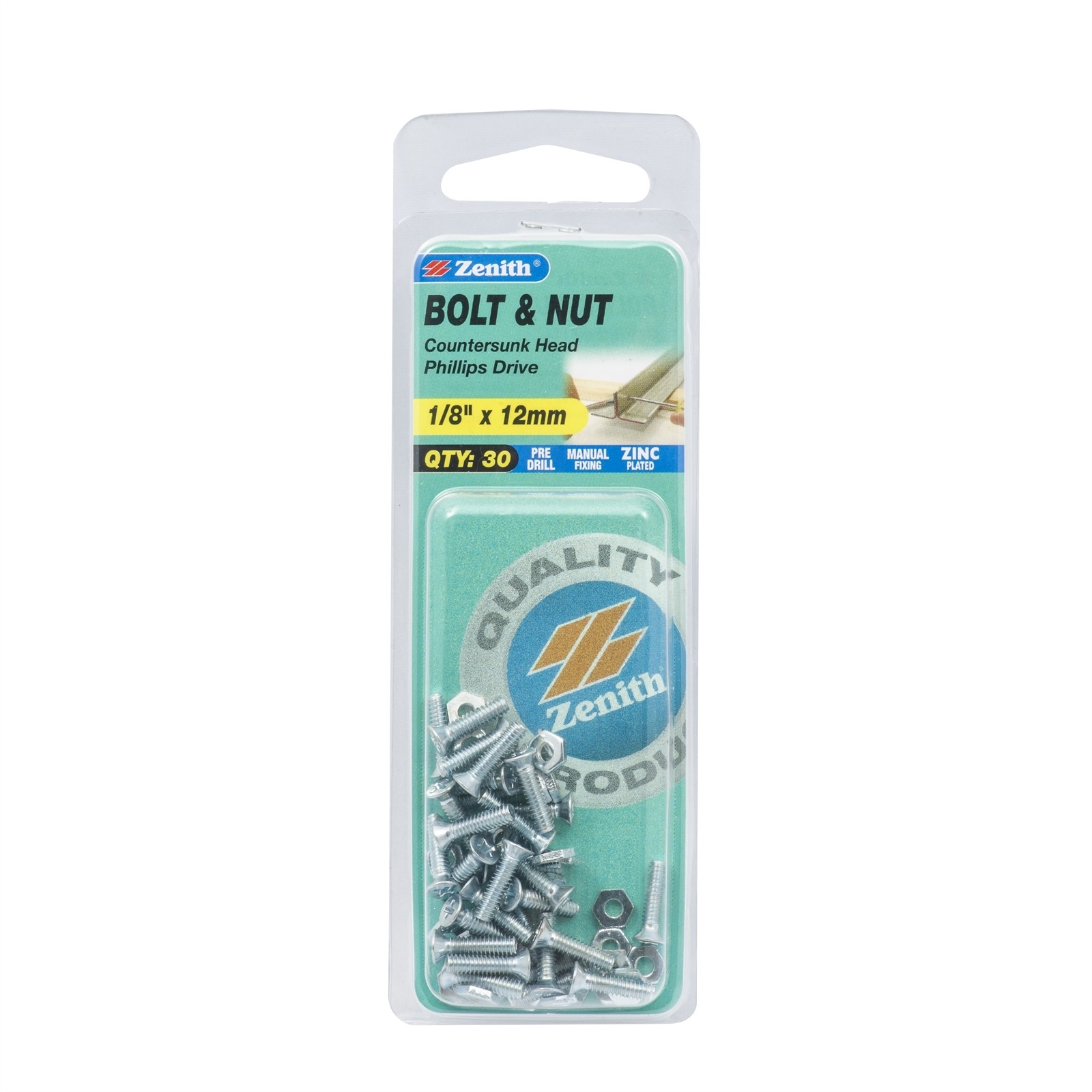 Zenith 1/8" x 12mm Zinc Plated Countersunk Bolt And Nut 2 pcs