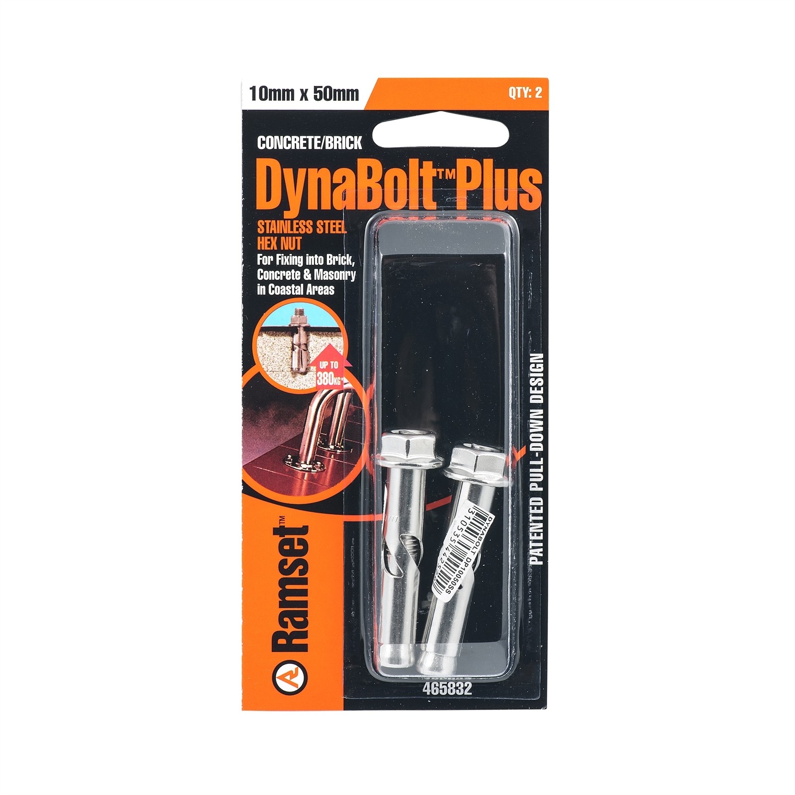 Ramset 10 x 50mm Stainless Steel DynaBolt Plus Hex Nut Bolt - 2 pieces