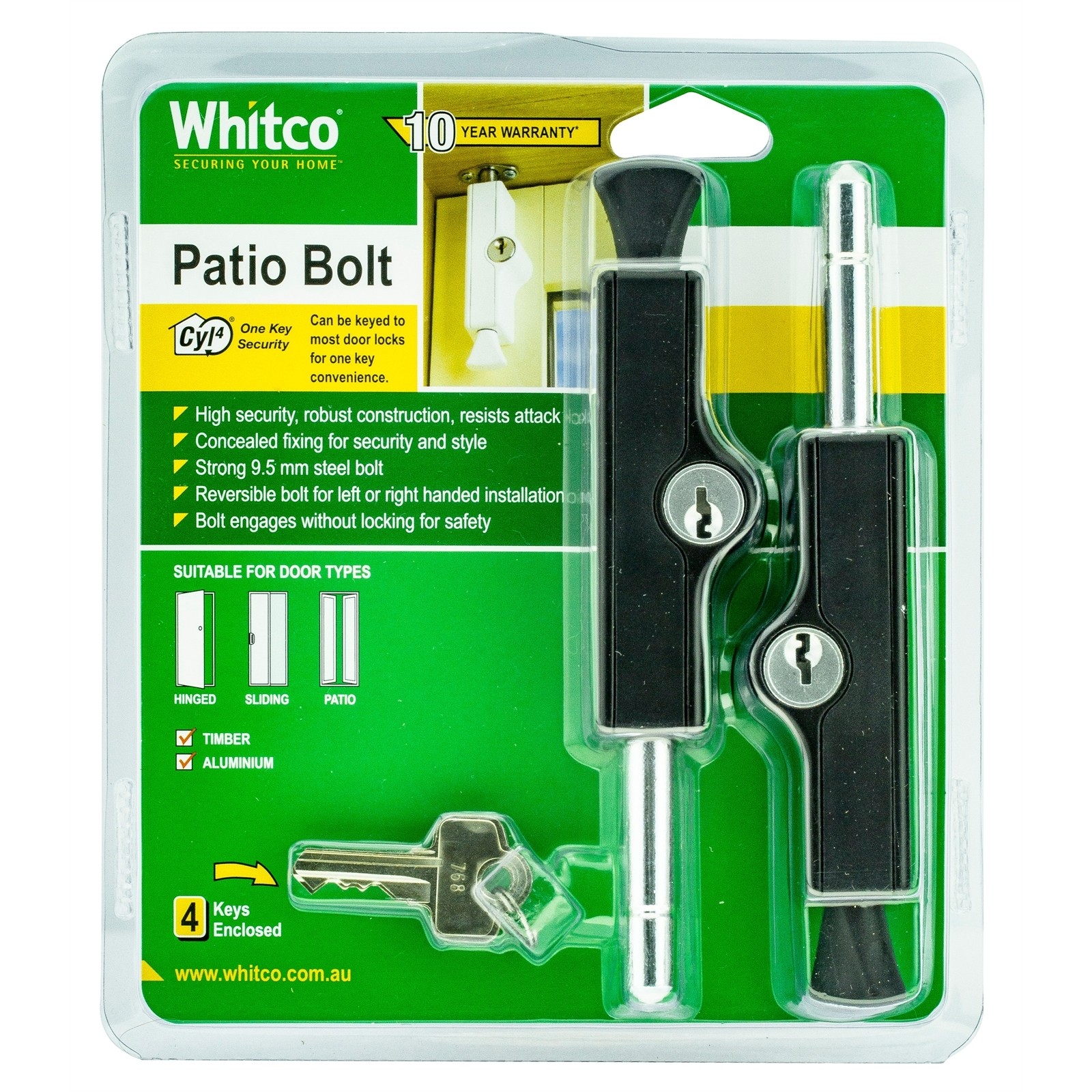 Whitco Black CYL4 Patio Bolt - 2 pieces