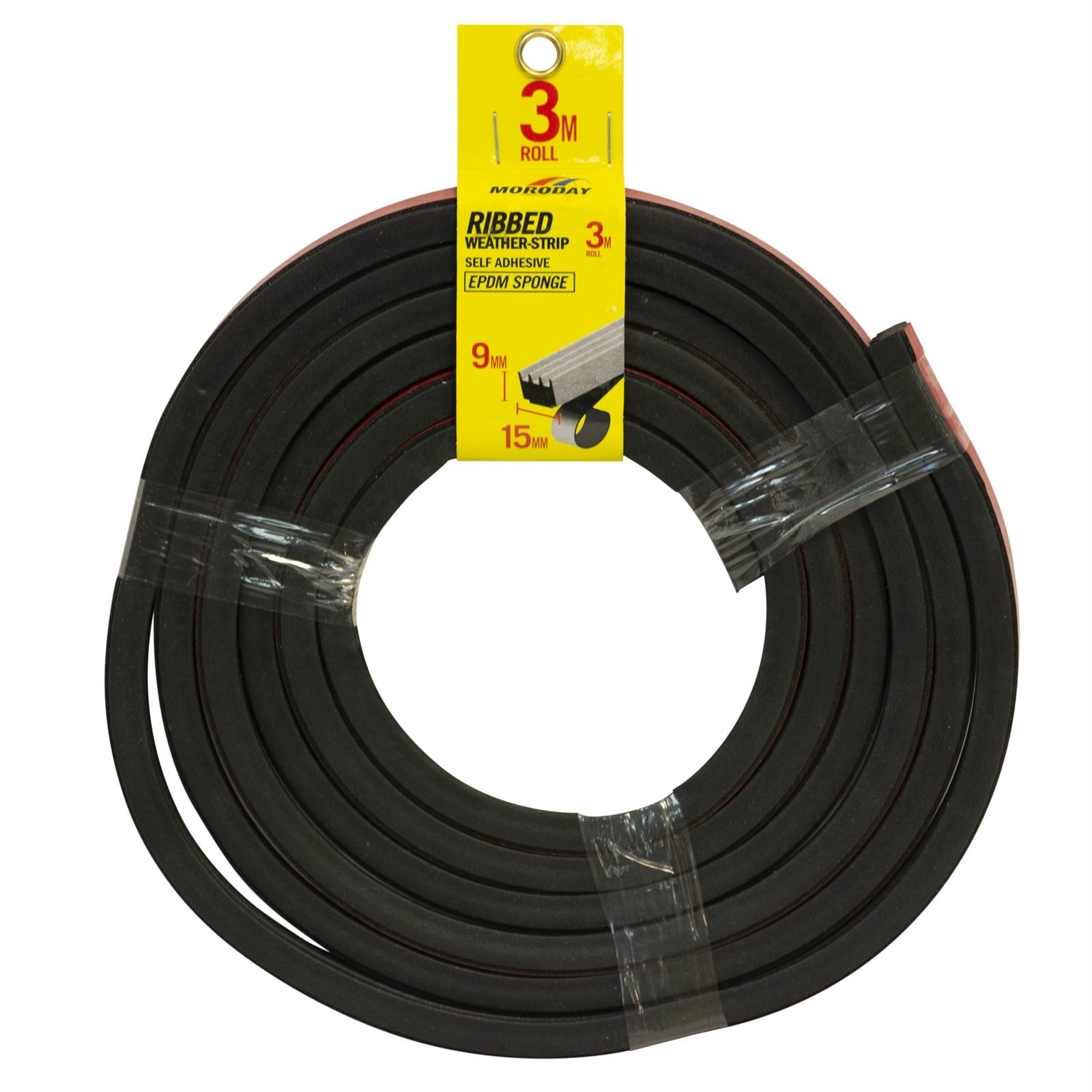 Moroday 15mm x 9mm x 3m Black Self Adhesive Ribbed Weather-Strip