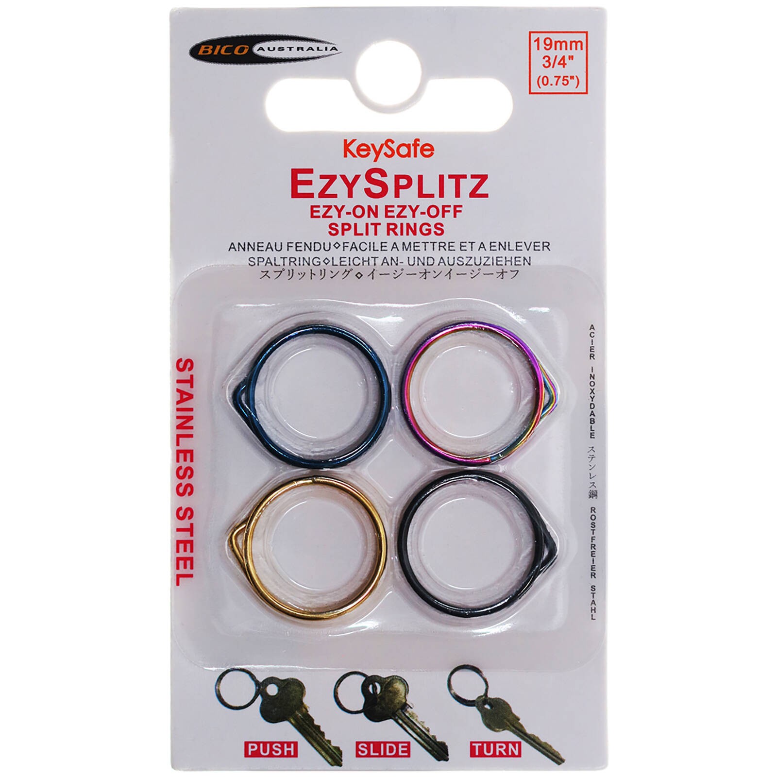 Keysafe 19mm Multi-Coloured EzySplitz Split Ring Keyring - Set of 4 2 pcs