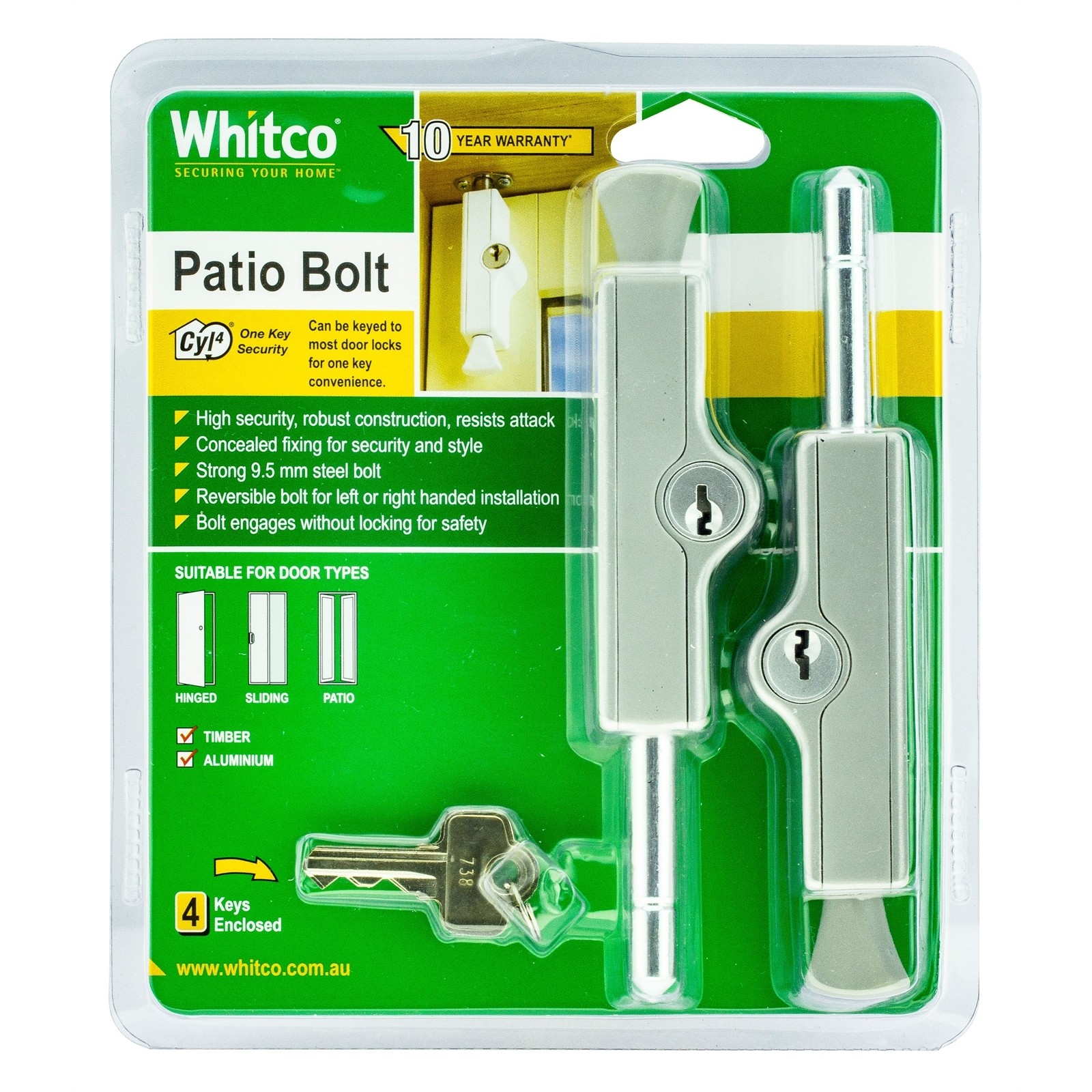 Whitco Silver CYL4 Patio Bolt - 2 pieces