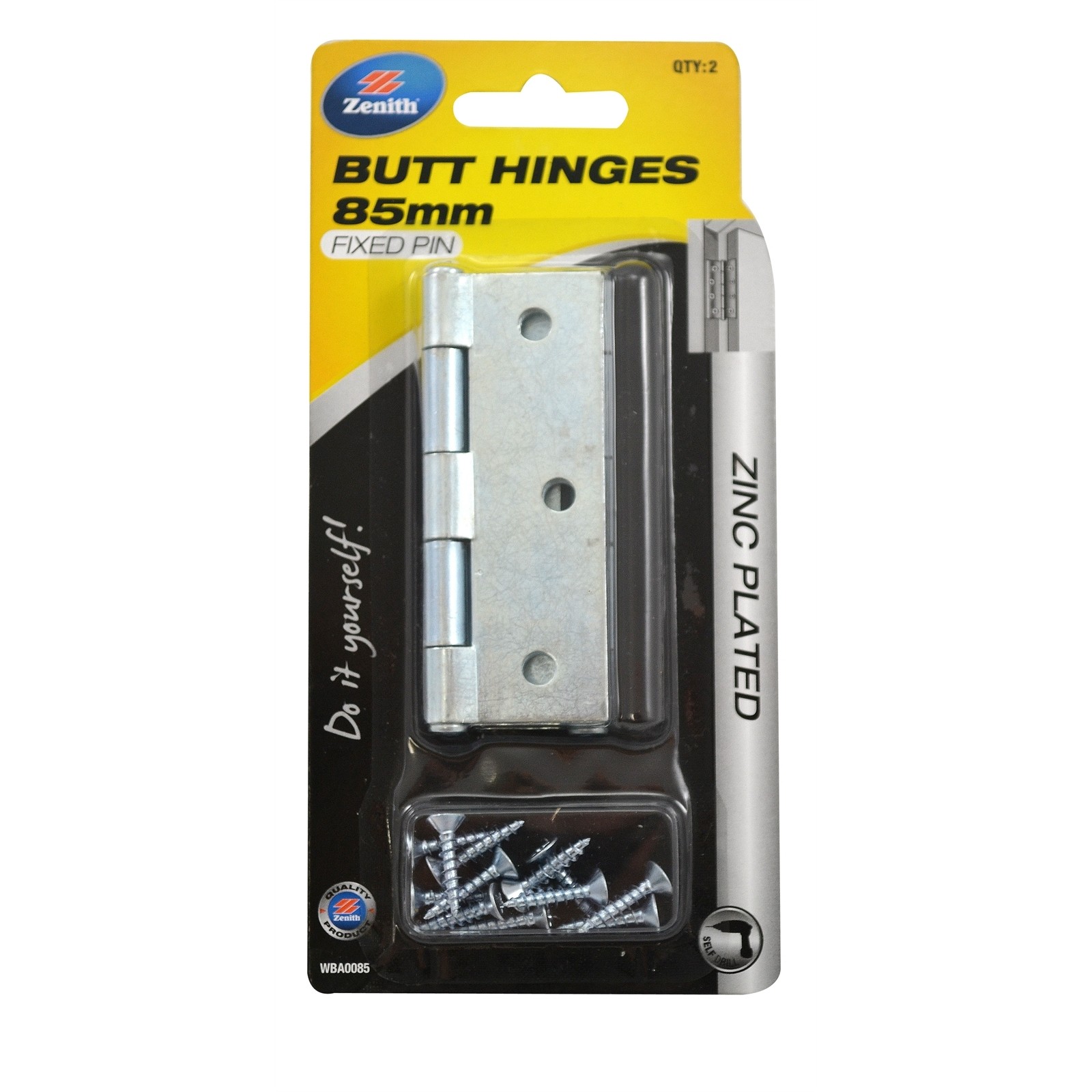 Lane 85 x 60 x 1.6mm Zinc Plated Fixed Pin Durasmooth Butt Hinge - 2 pieces