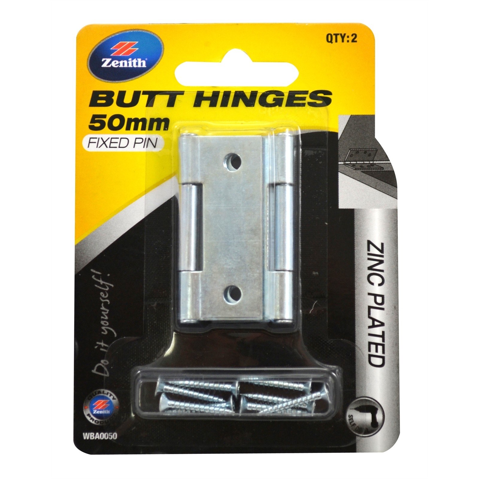 Lane 50mm Zinc Plated Fixed Pin Butt Hinge - 2 pieces
