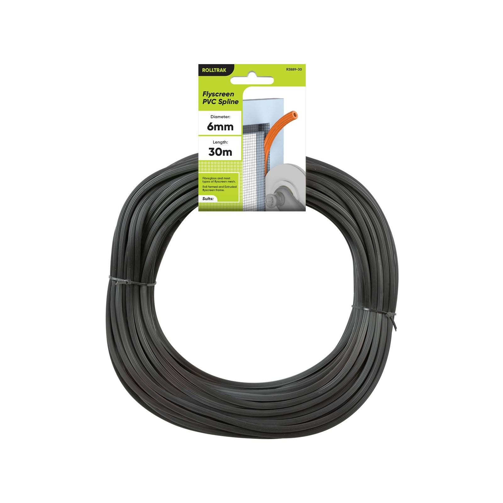 Rolltrak 6mm x 30m Black Flyscreen Spline