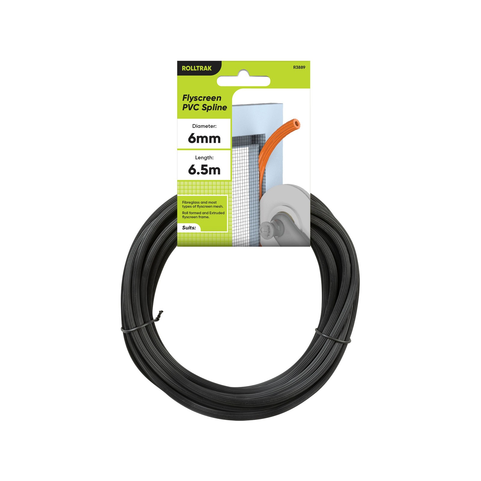 Rolltrak 6mm x 6.5m Black Flyscreen Spline
