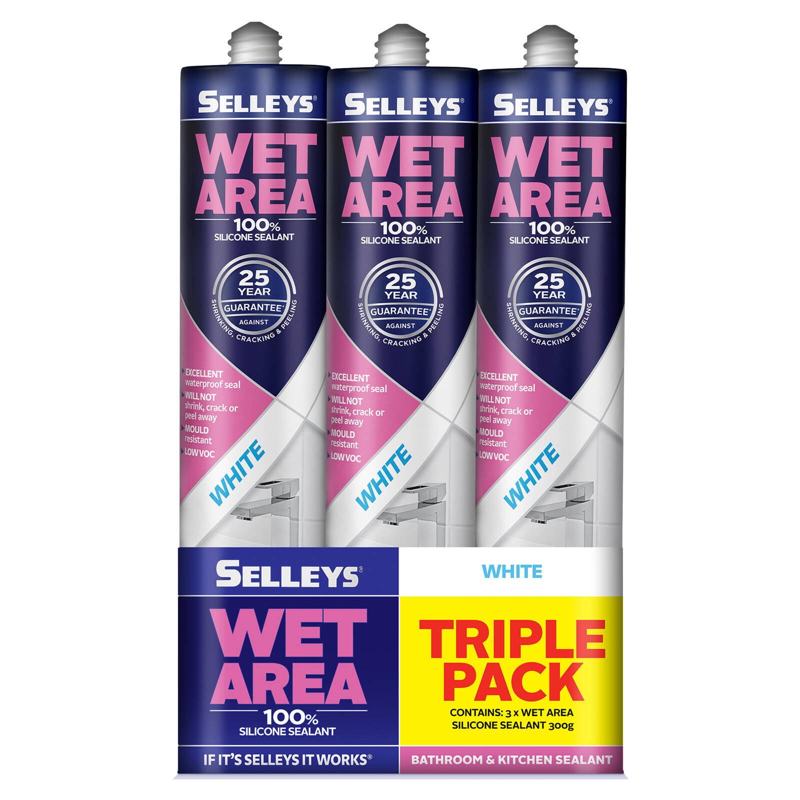 Selleys 300g White Waterproof Silicone Sealant Wet Area - 3 pieces