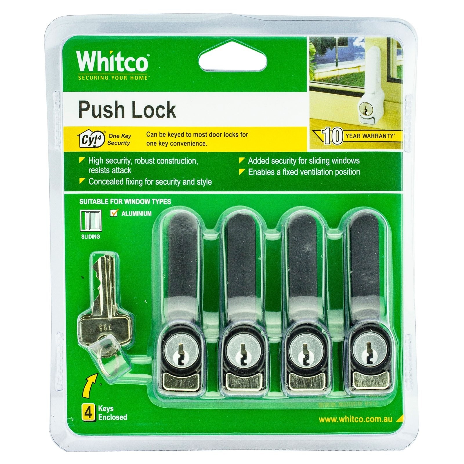 Whitco 4 Pack Sliding Window Push Lock - Black(2)4 colours