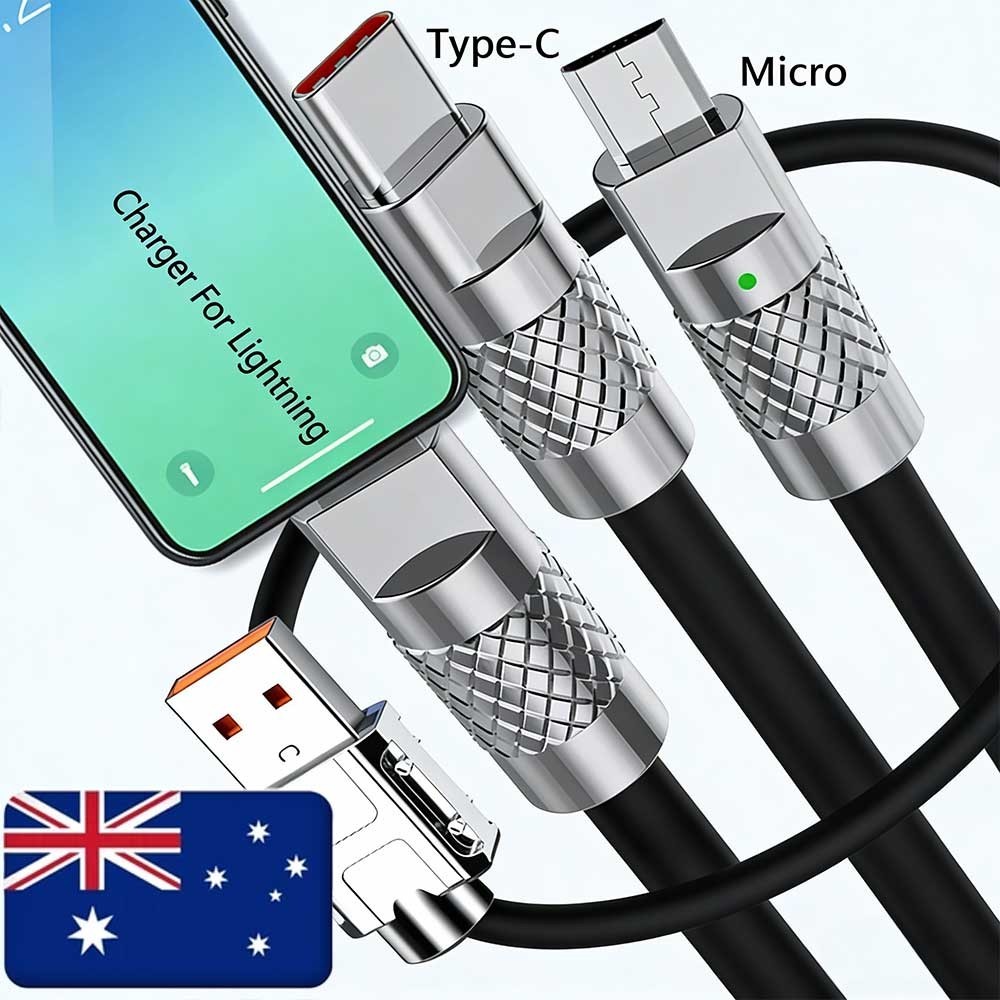 3 IN 1 Charging Cable White 6mm Super Soft Silicone Zinc Alloy Metal Plug 3A USB