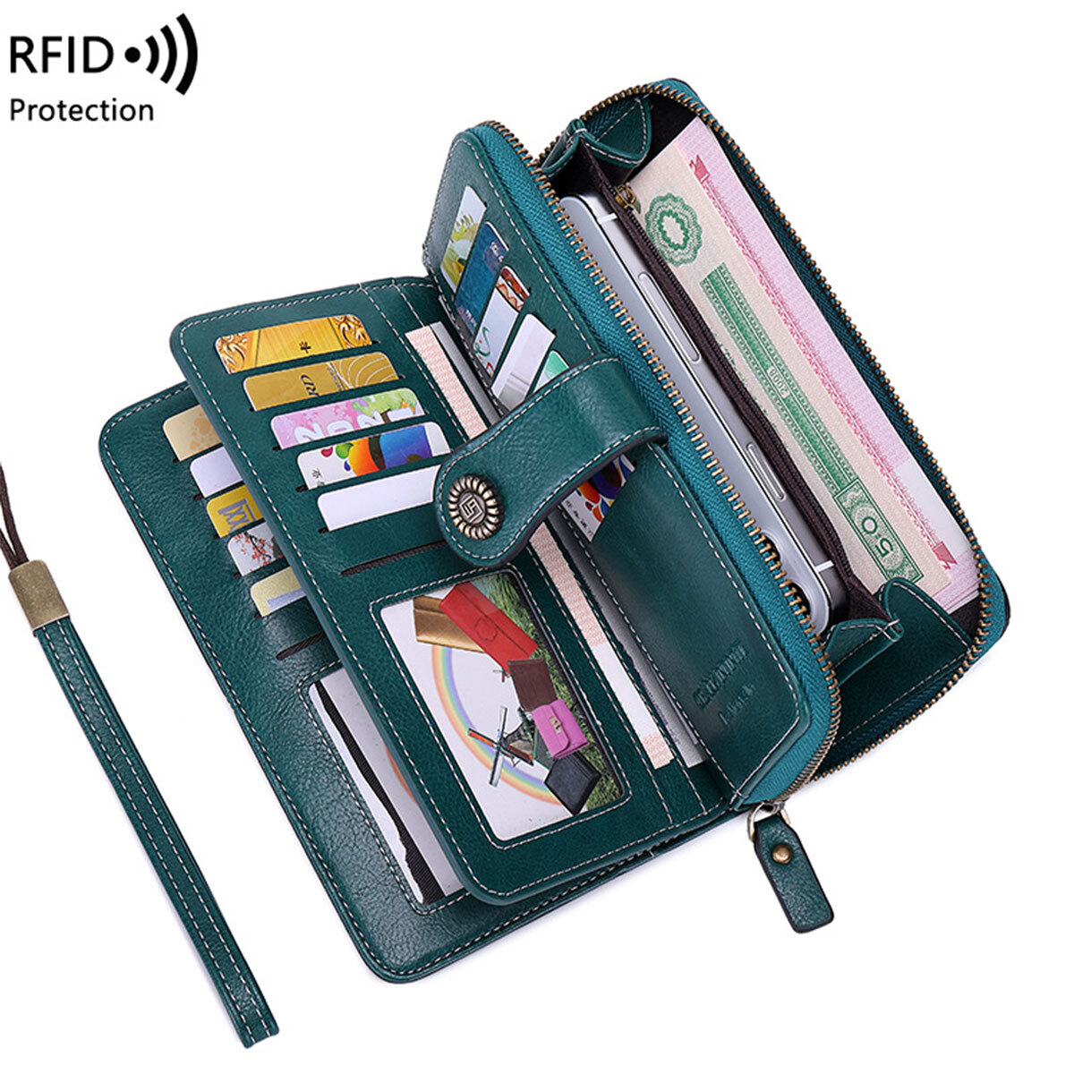 Women Leather Wallet Black RFID Blocking Zip-Around Clutch Purse 4 Cash Slots 23
