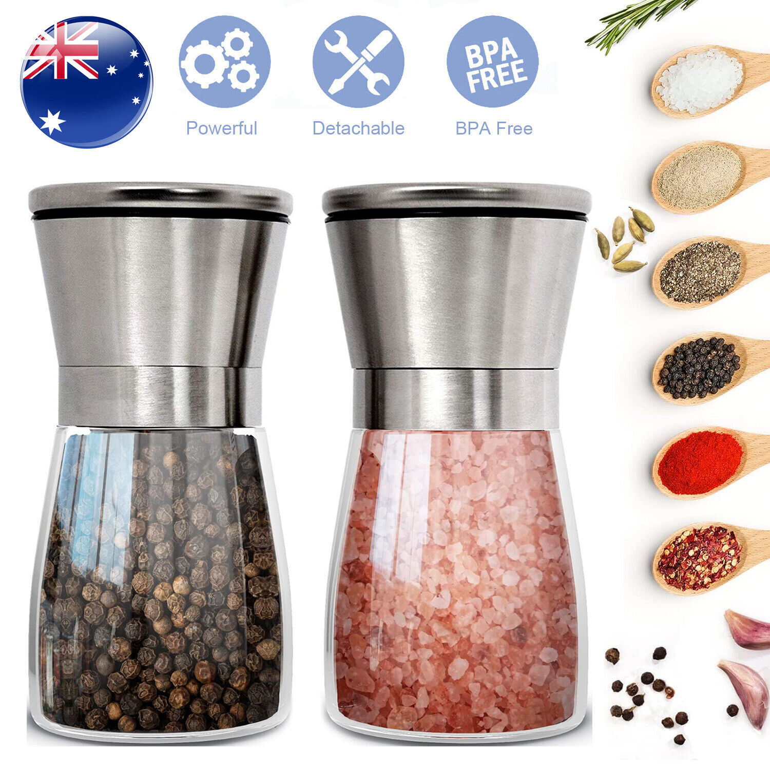 Manual Ceramic Salt and Pepper Grinder Stainless Steel 160ml Round Kitchen 1pcs