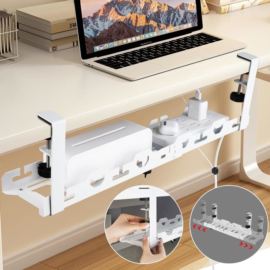 Under Desk Cable Management Tray White Carbon Steel Expandable 40cm-74cm 135mm