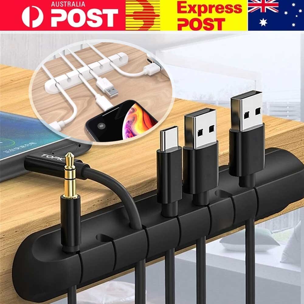 USB Cable Clips Desk Organizer Self-Adhesive Rubber Black 7 Slots Home Office AU