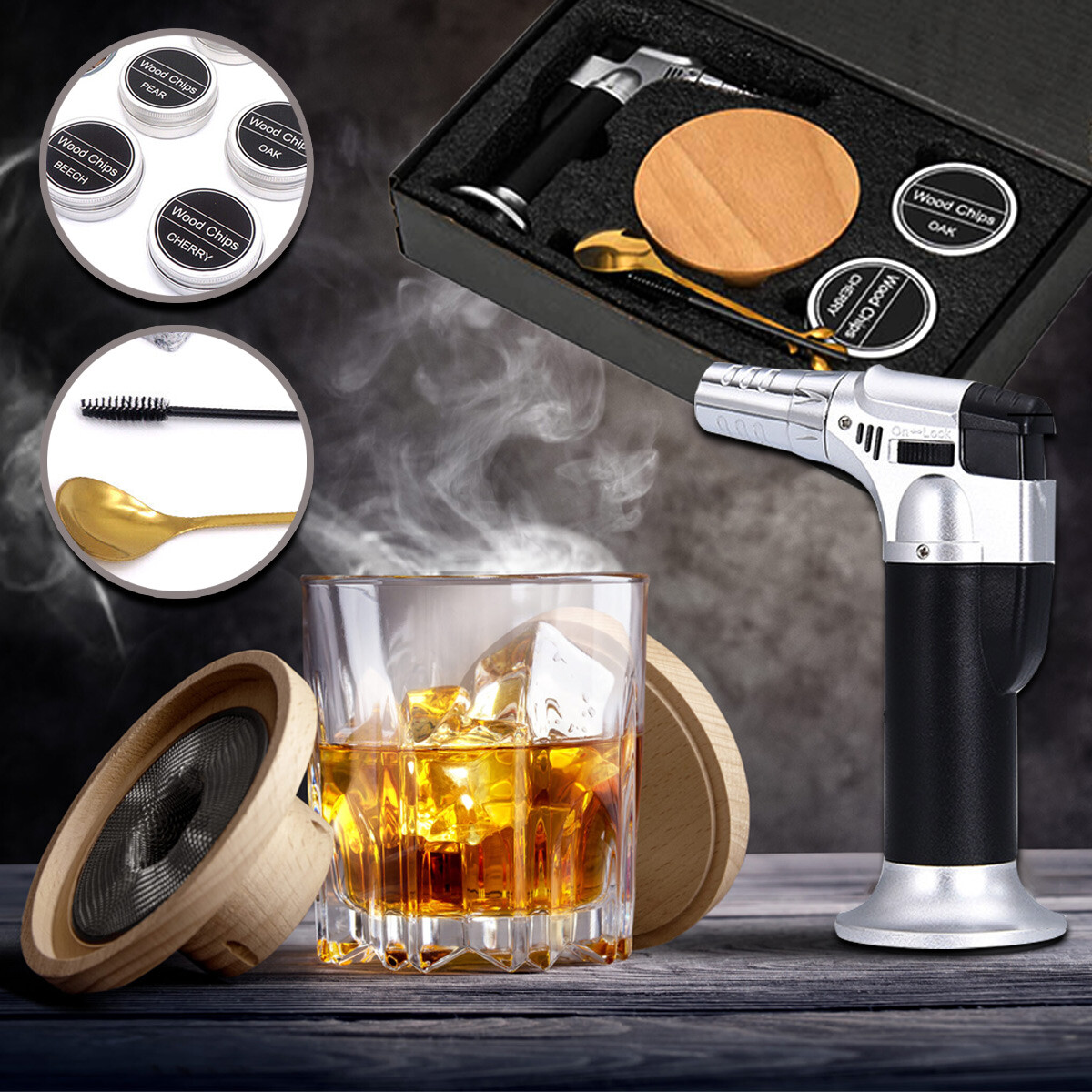 Cocktail Smoker Kit With Apple Pecan Pear Beech Chips Chimney Drink 400g Wood As