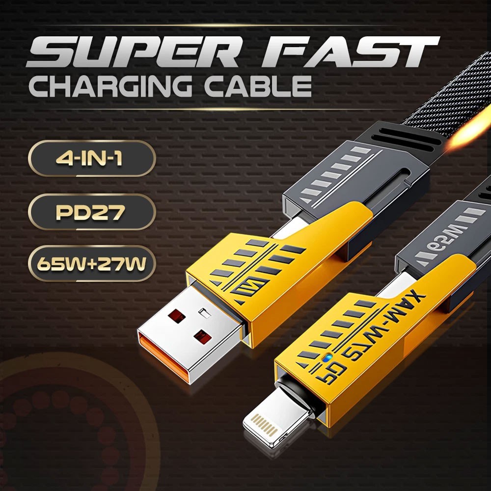 4-in-1 USB Type Metal Charging Cable 65W Fast Data Sync Universal Yellow Braided