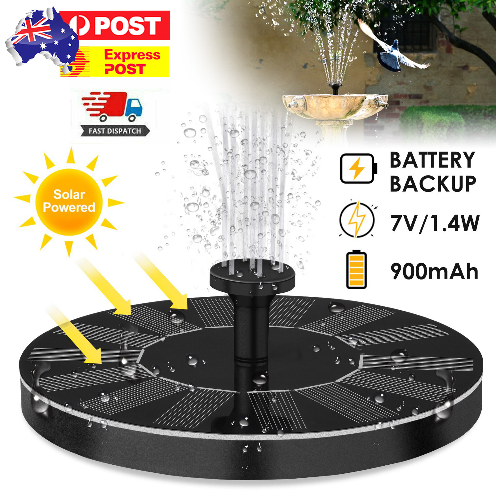 Solar Powered Floating Water Fountain PVC Black Round 16cm Easy Assembly 1.4W 7V