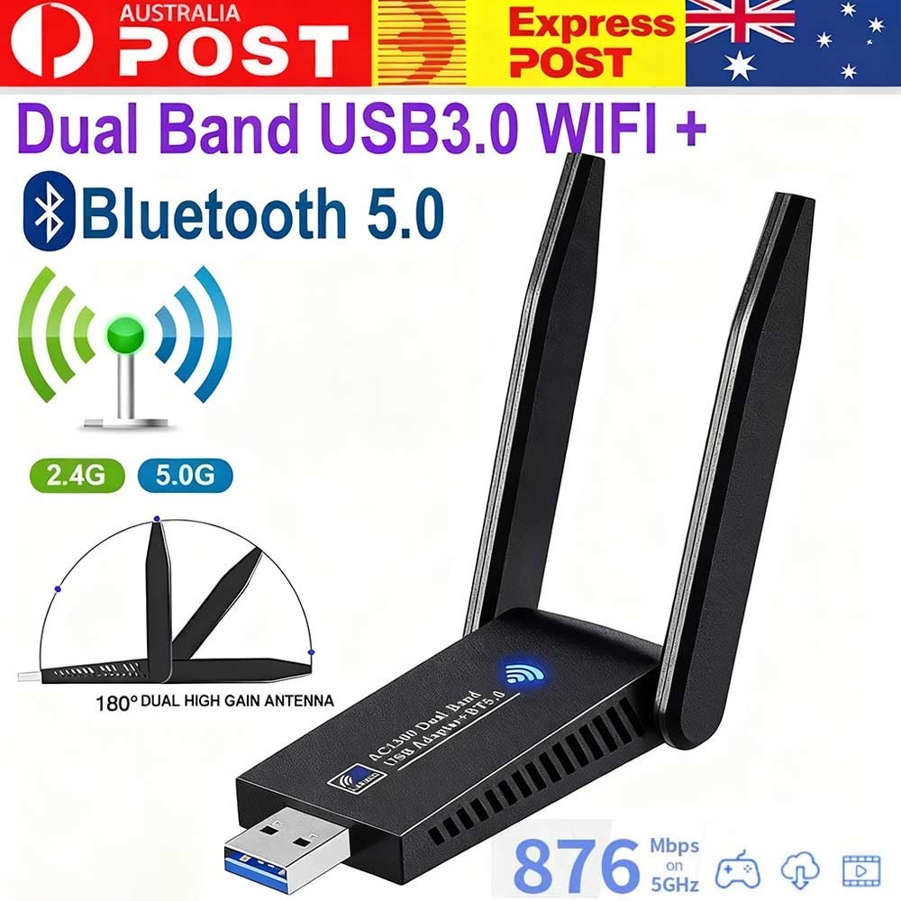 1300Mbps USB 3.0 Dual-Band WiFi Bluetooth Adapter 2.4GHz 5GHz Windows 11 MacOS