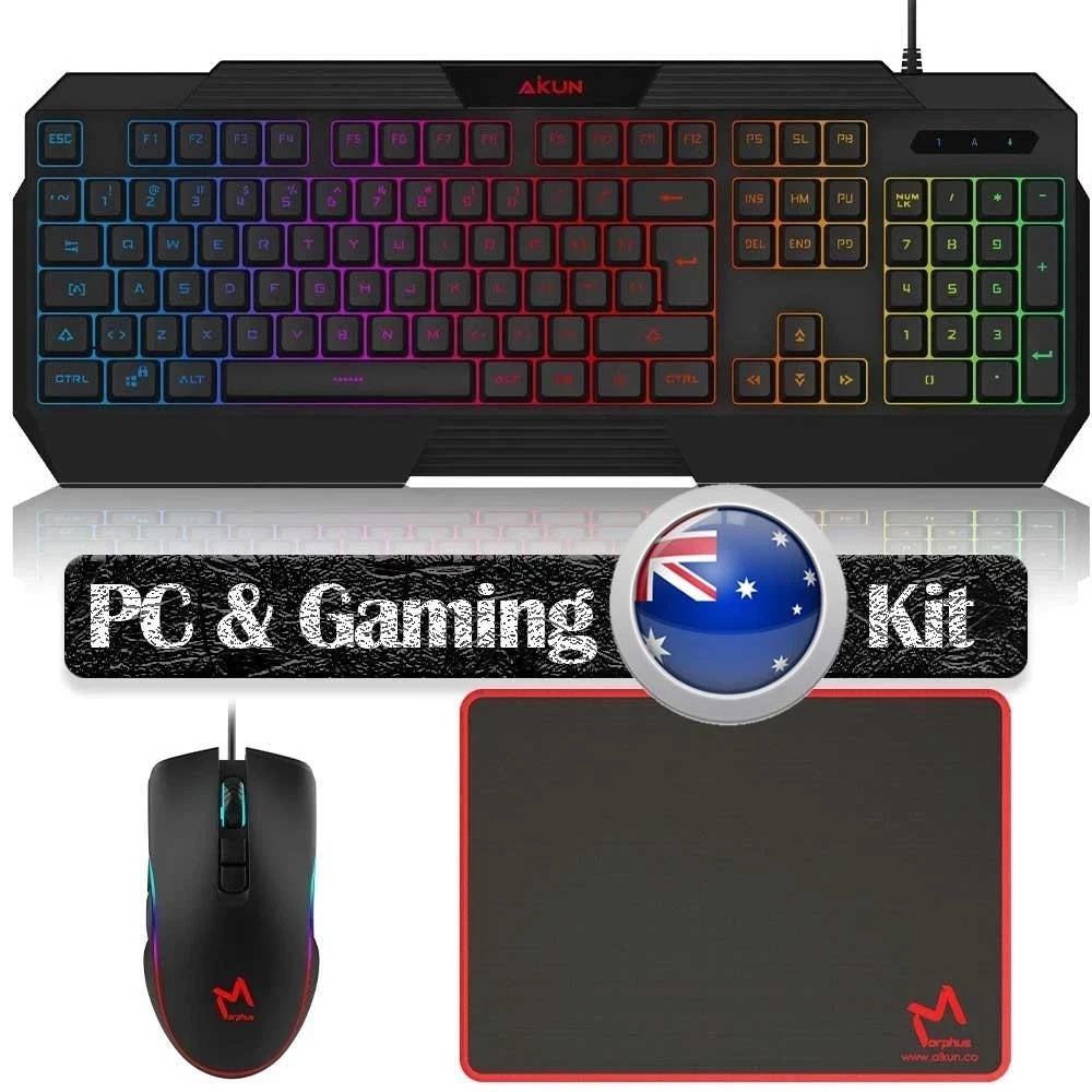 AKUN Gaming Keyboard Mouse Mousepad Combo Set of 3 Wired Backlit Optical 3600DPI