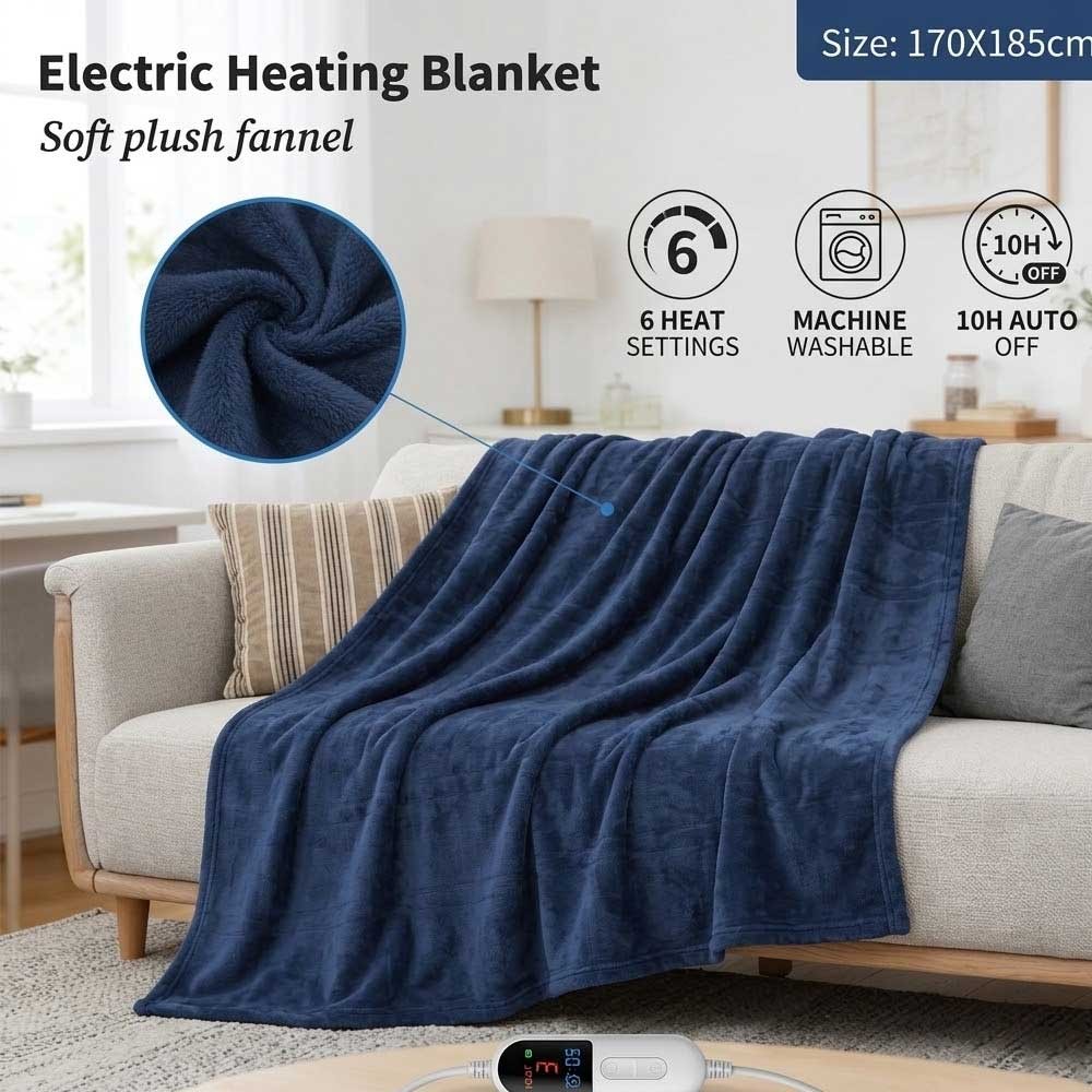 Electric Heated Throw Blanket Washable Flannel 170x185cm Blue 400gsm Cotton Warm