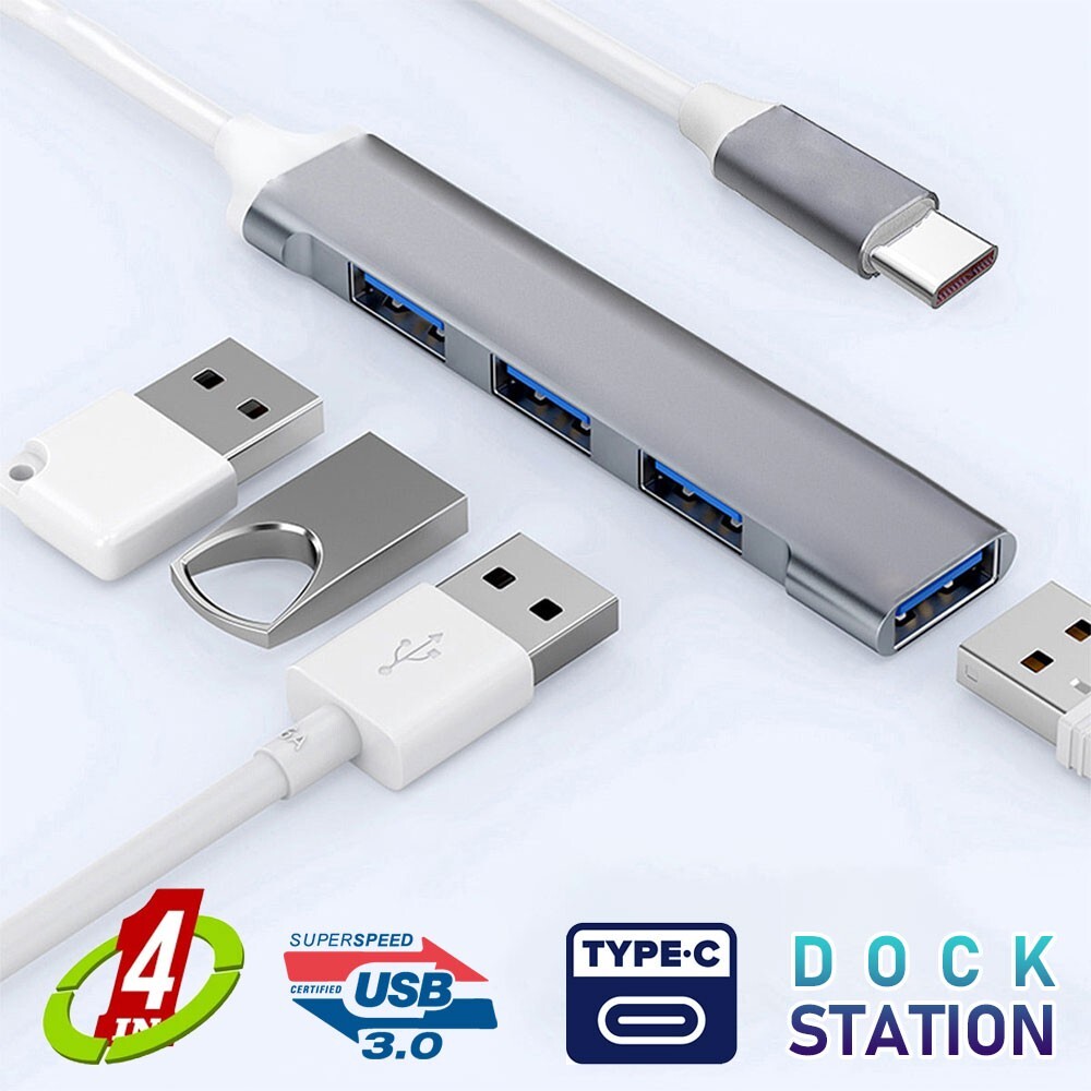 4 Port USB-C Type-C Hub USB 3.0 4-in-1 Silver Portable High Speed 5Gbps Laptop