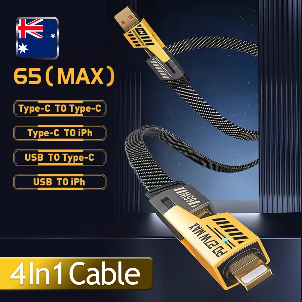 Universal 4 in 1 Charging Cable Android iPhone 15 16 14 USB C 65W Sync Data Au