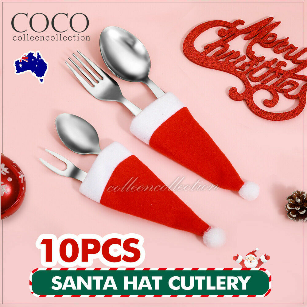10 Pcs Christmas Santa Claus Hat Red Cutlery Holder Fork Knives Tableware Bags