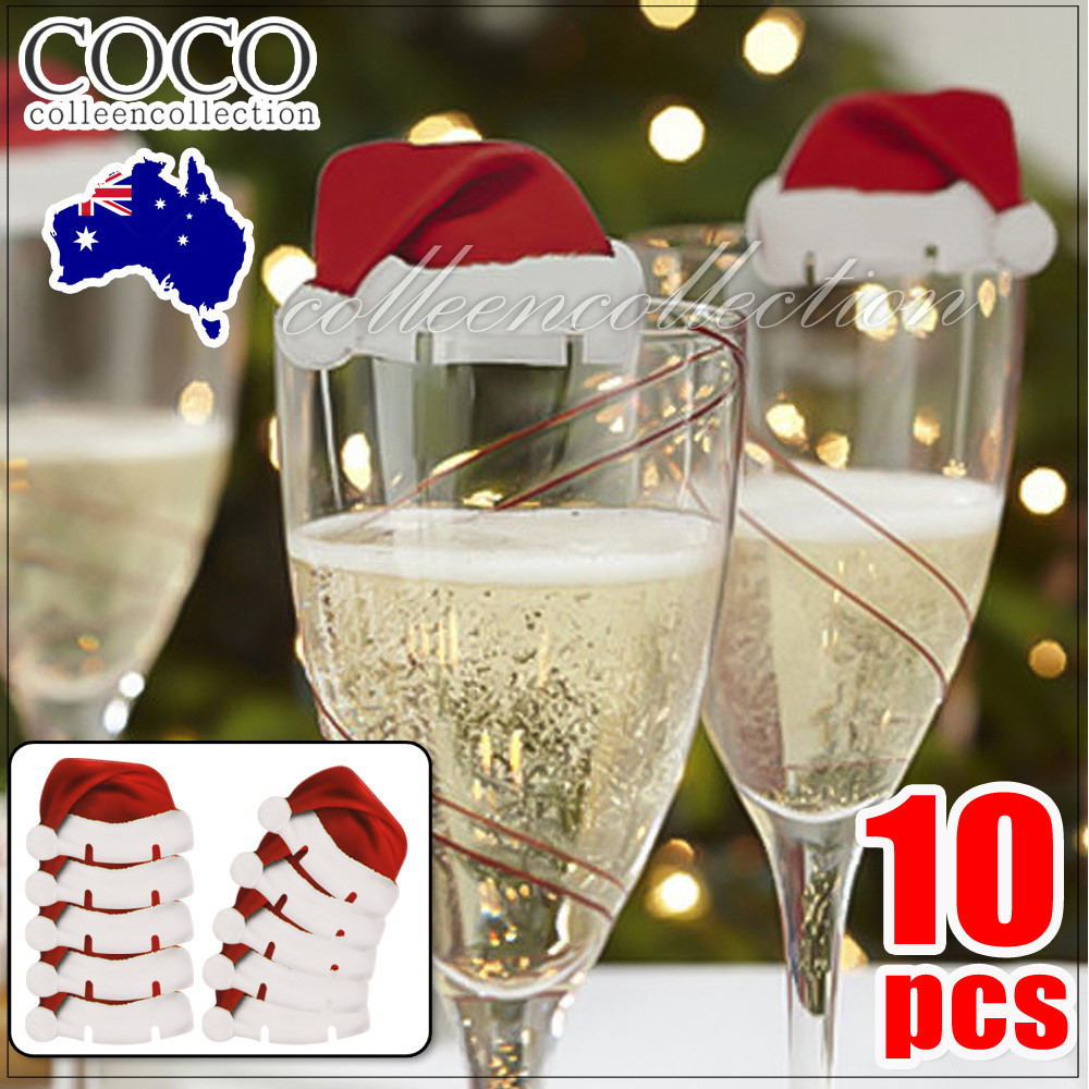 10PCS Christmas Hats Champagne Wine Glass Caps Red Xmas Party Table Decorations