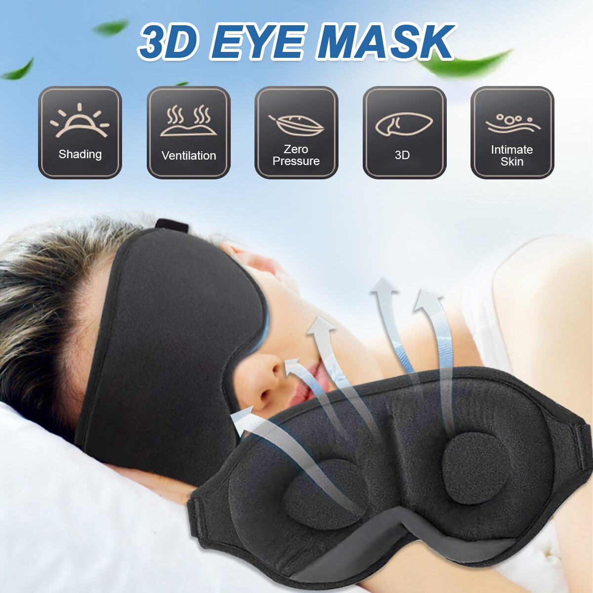 Black 3D Memory Foam Sleep Eye Mask Soft Lightweight Breathable Travel Blindfold