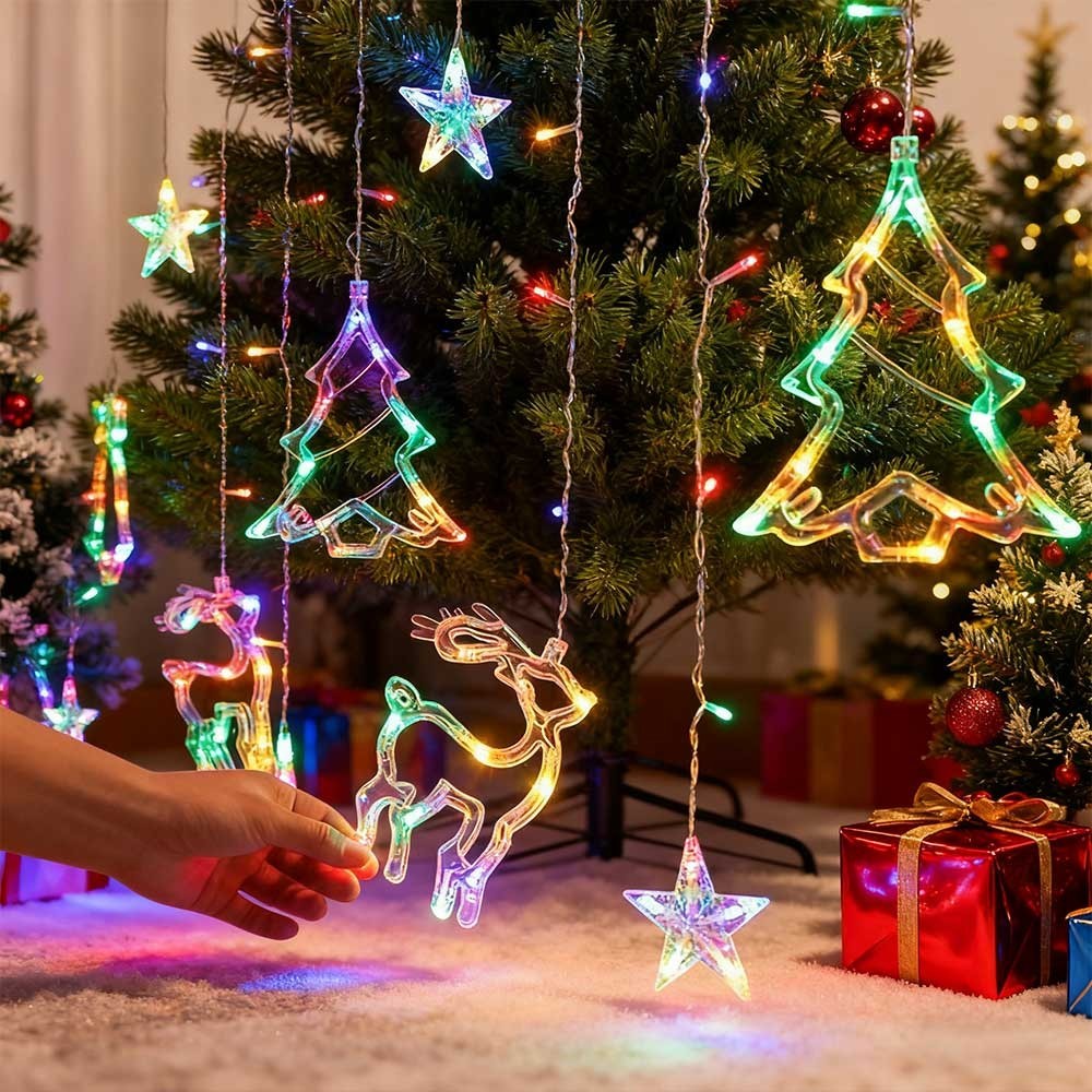 Christmas 12 LED Hanging Deer Bells Curtain Lights Warm White Indoor Outdoor Use