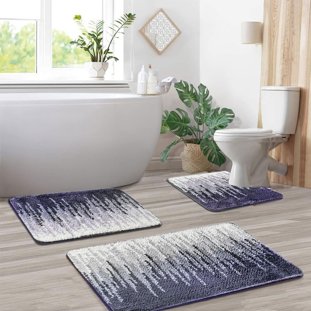 3 Pcs Microfiber Bathroom Rug Set Rectangle U-shaped Small Non-Slip Soft Mat TPR