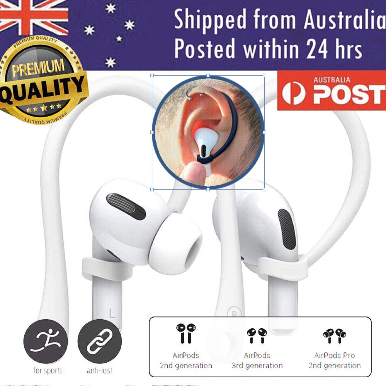Ear Hook Silicone For Apple AirPods 1/2 3rd Pro Anti-Lost Black 1 Pair TPU 60mm
