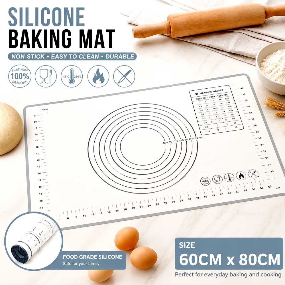 Non-Stick Silicone Baking Mat 60cm 80cm Rolling Cake Pastry Black Easy Clean BPA