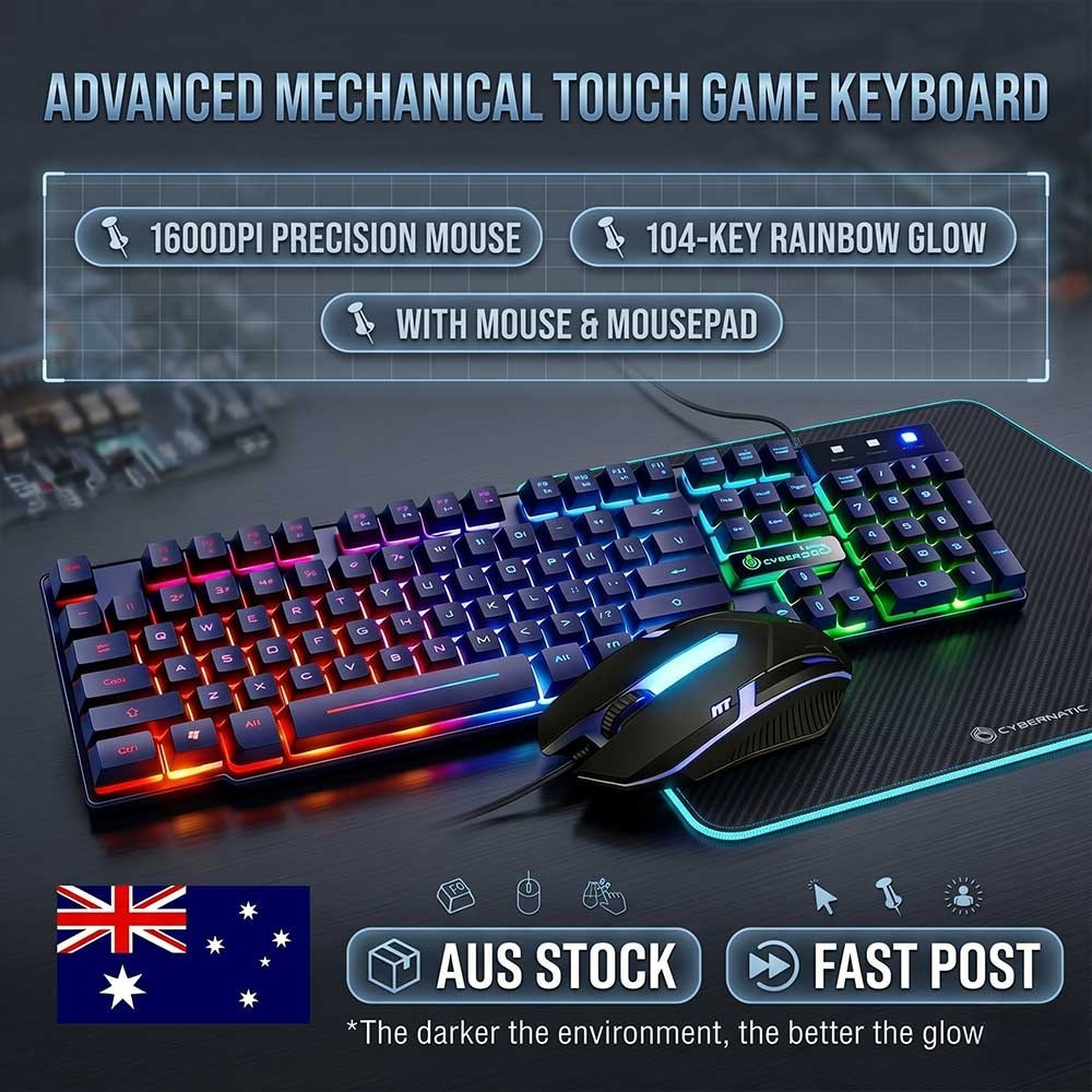 Rainbow USB Gaming Keyboard Mouse Pad Set Wired Ergonomic 104-Key LED Backlit PC