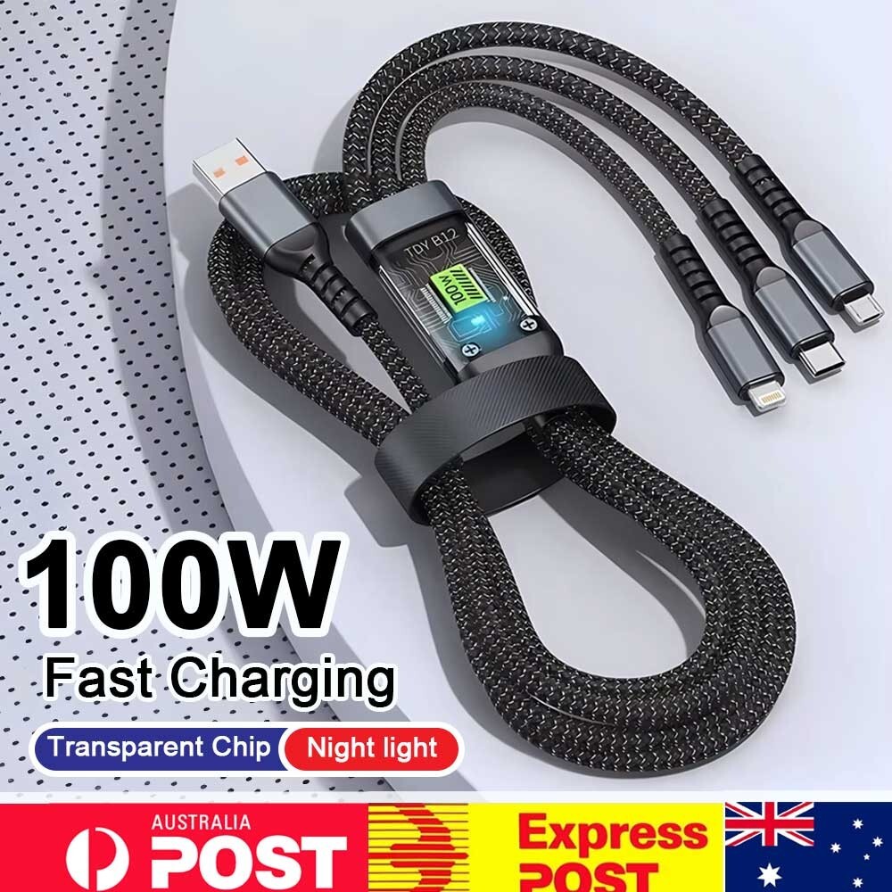 3 In 1 Charging Cable USB-C iPhone Samsung 100w Fast Charger Durable Braid Black
