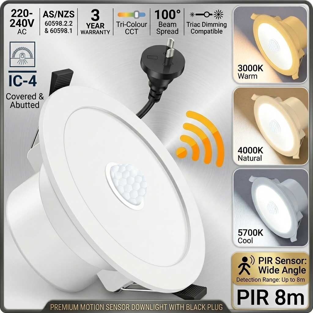 RET IC-4 Rated PIR Motion Sensor LED Downlight Garage Balcony IP44 9W Tri-Colour