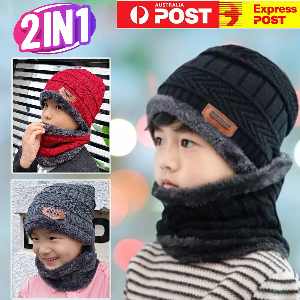 Kids Boys Winter Knitted Hat and Scarf Set Red One Size 8-14 Years Old Woolen AU