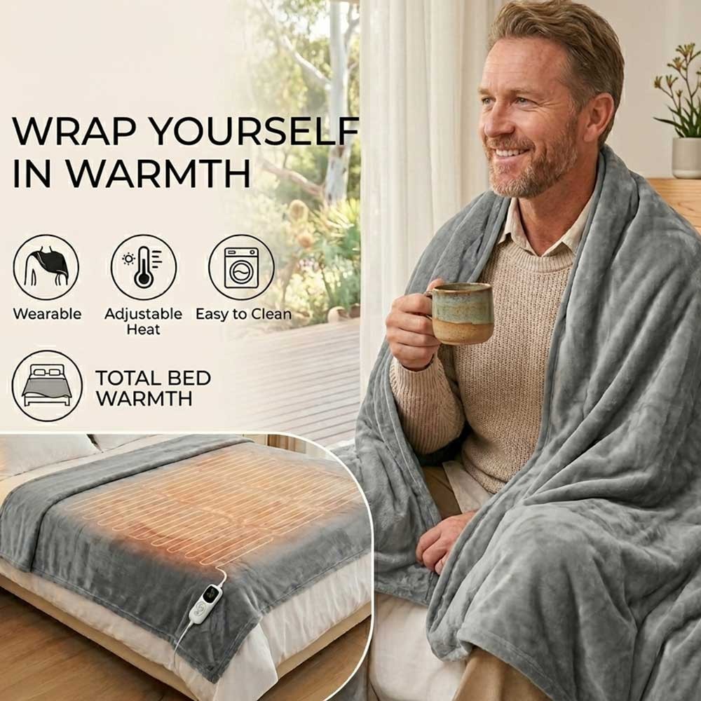 Electric Heated Throw Blanket Portable Warm Grey 160cm Sherpa Flannel Timer Cord