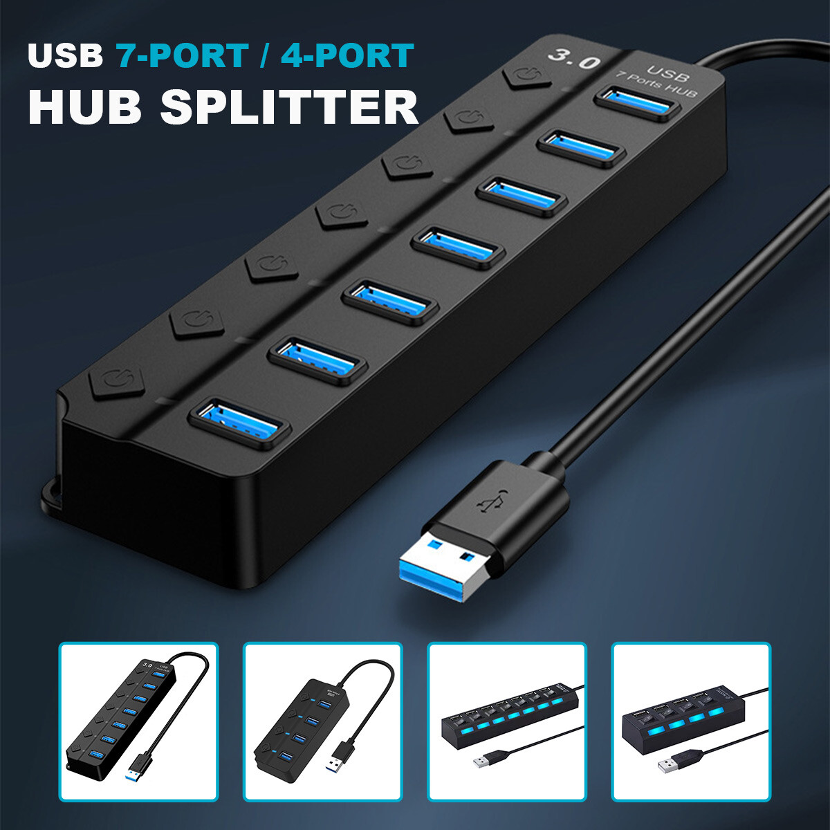 USB 3.0 2.0 Hub 4 Port Type Mini-A Female Black 20cm 17cm 4.6cm 2.1cm High Speed
